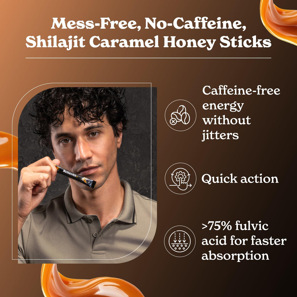 Better Alt fulvic-acid-rich shilajit-honey stick close-up shows rich texture.