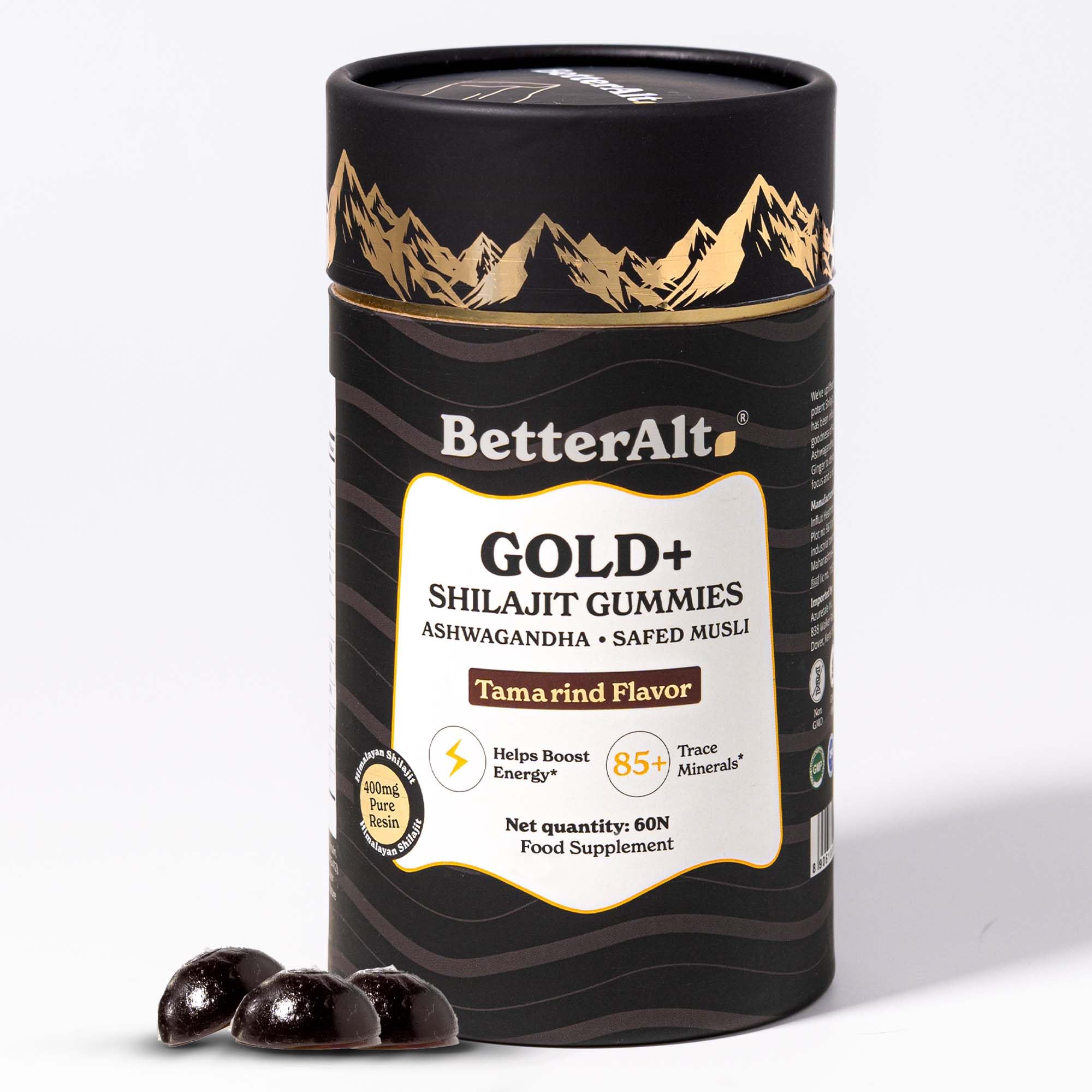 Better Alt Gold+ Shilajit Gummies jar front with vibrant energy-support gummies.