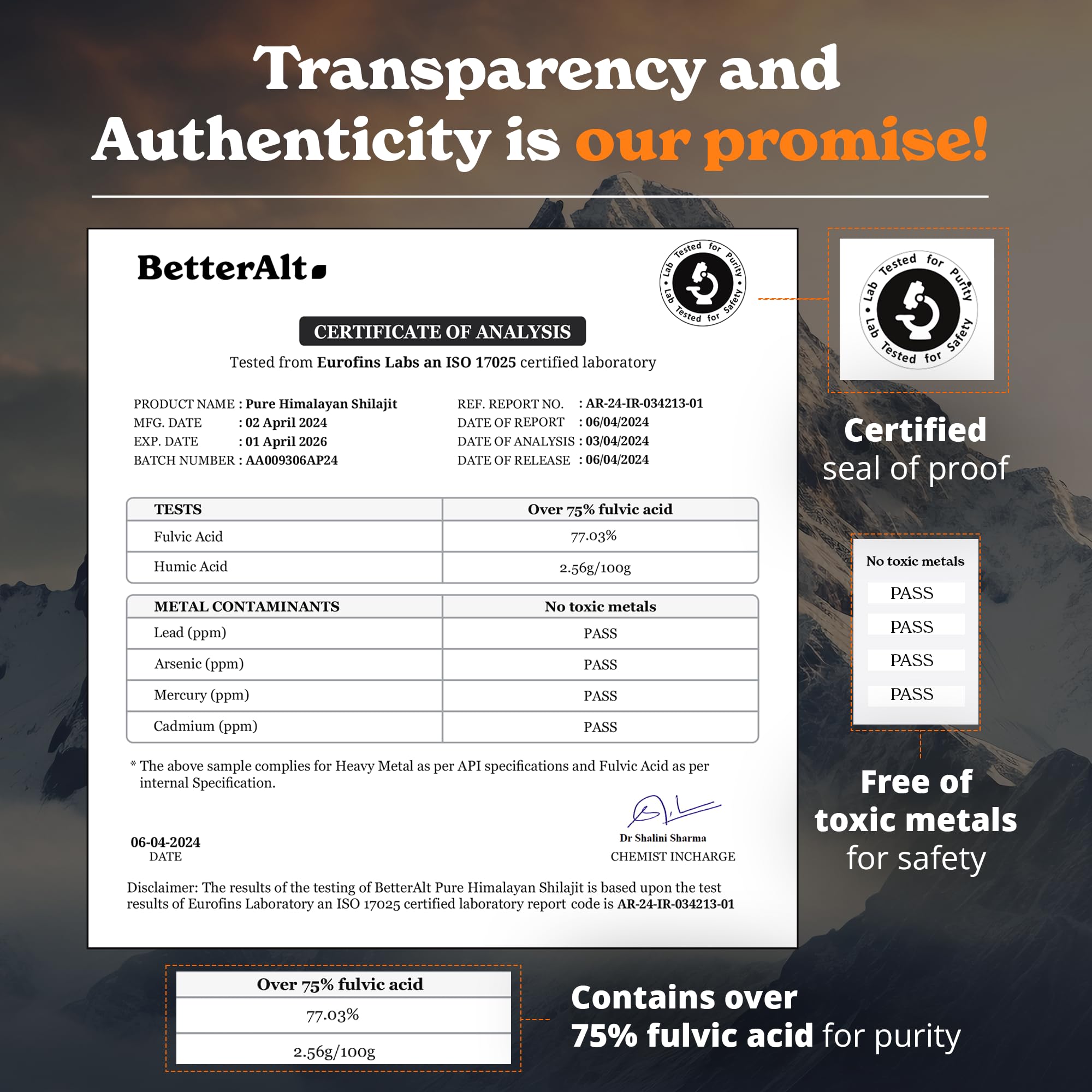 Better Alt lab test report confirms purity and mineral content.