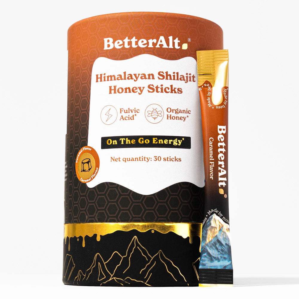 Better Alt Pure Himalayan Shilajit caramel honey stick pack for a natural energy lift.