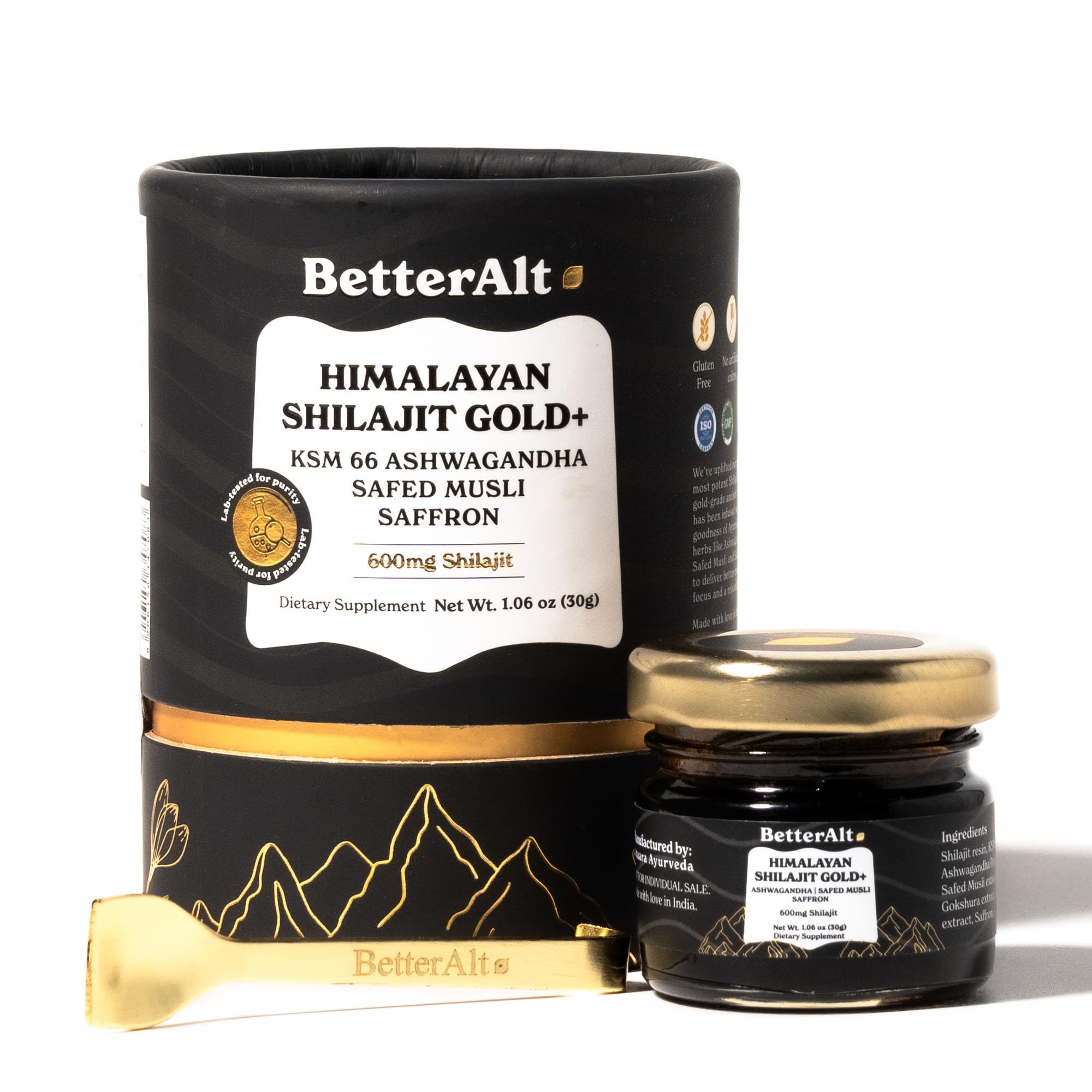 Better Alt Pure Himalayan Shilajit Gold bottle shows premium resin for daily energy and focus.