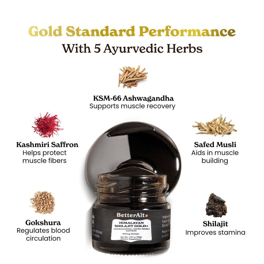 Better Alt Pure Himalayan Shilajit Gold scoop illustrates easy daily dosing for recovery support.