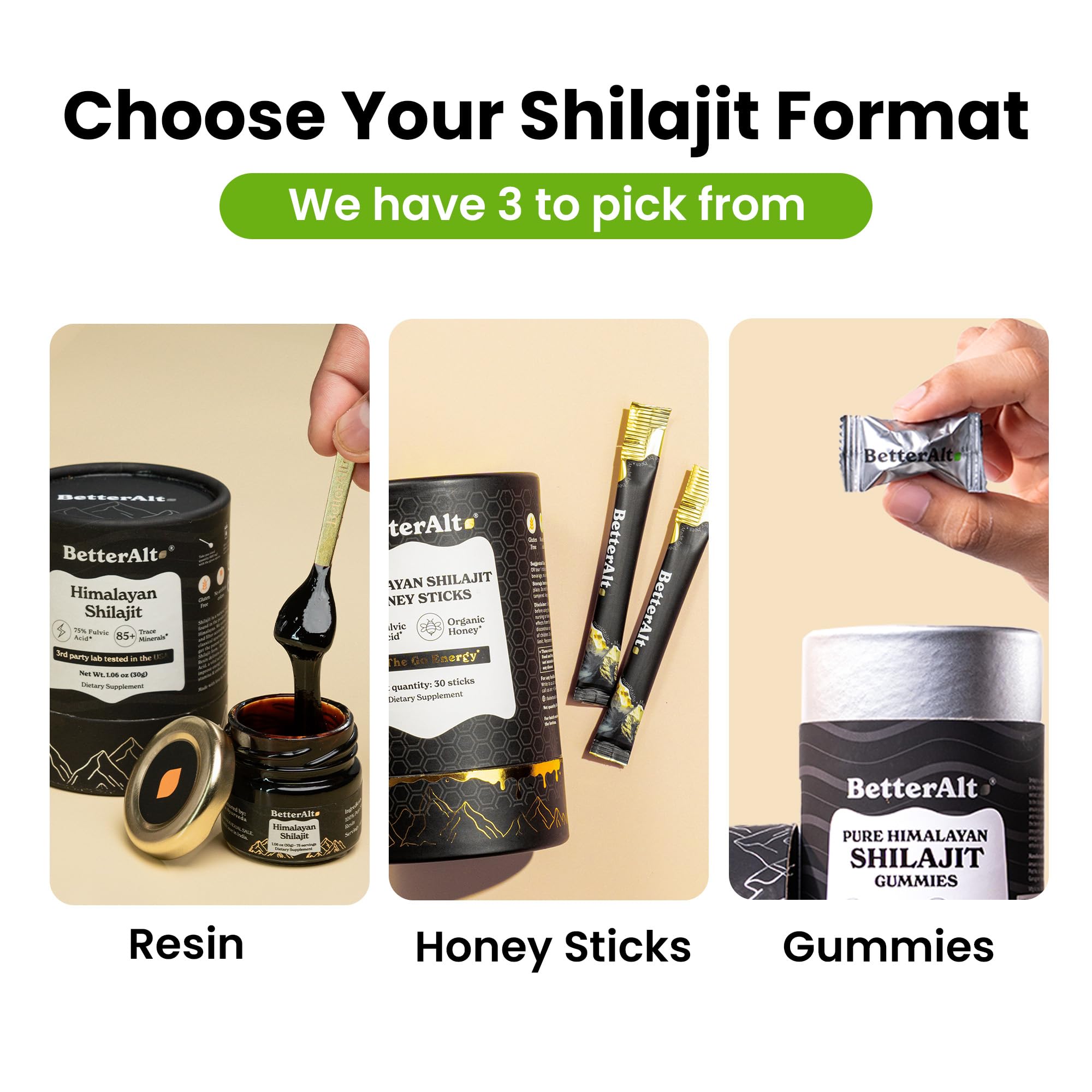 Better Alt Pure Himalayan Shilajit Gummies packaging close-up reveals premium finish.