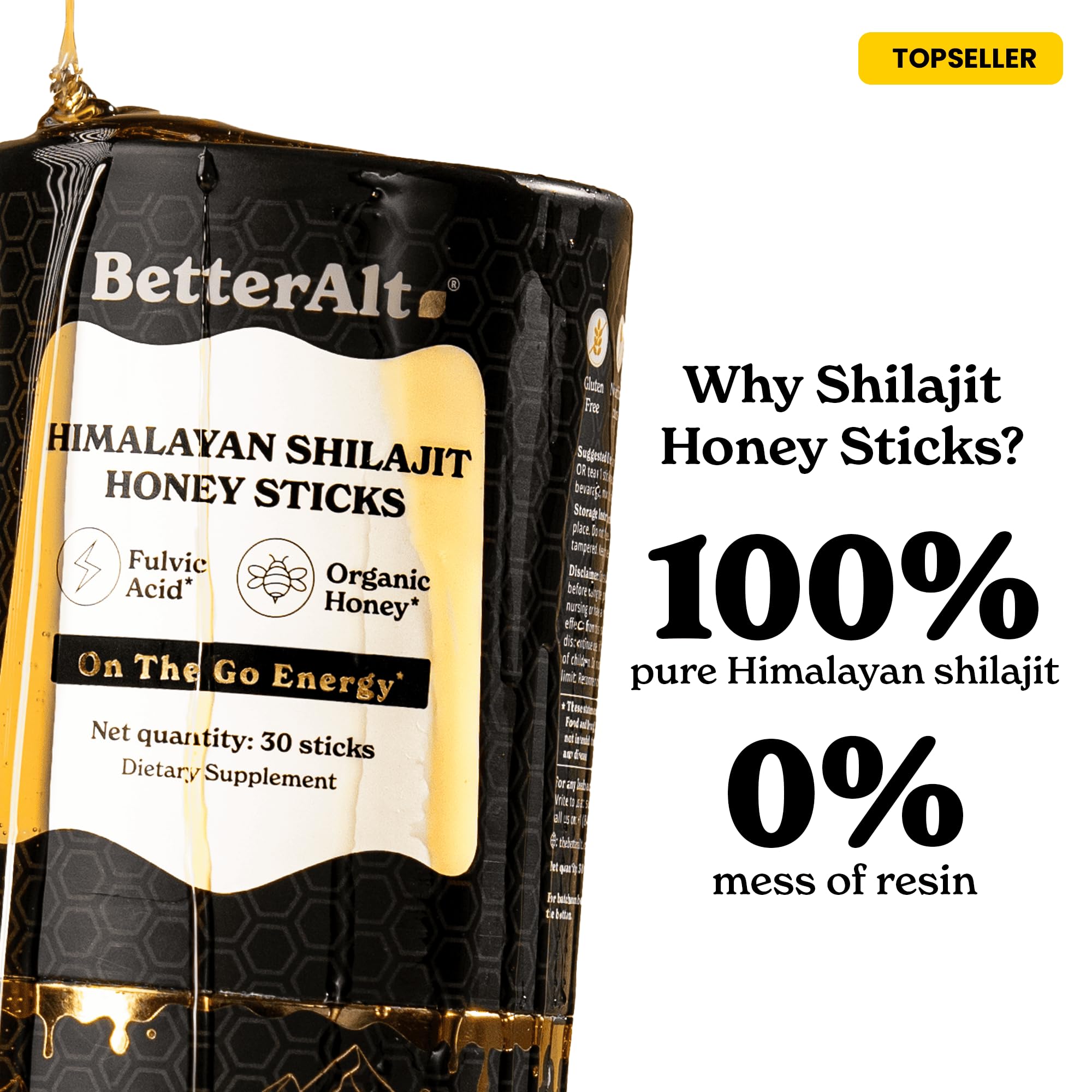 Better Alt Pure Himalayan Shilajit Honey Stick wrapped in individual sachet for freshness