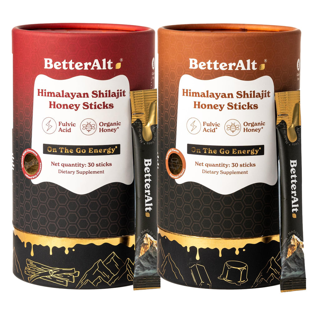 Better Alt Shilajit Sticks Cinnamon packaging shows convenient 60-stick box for daily energy.