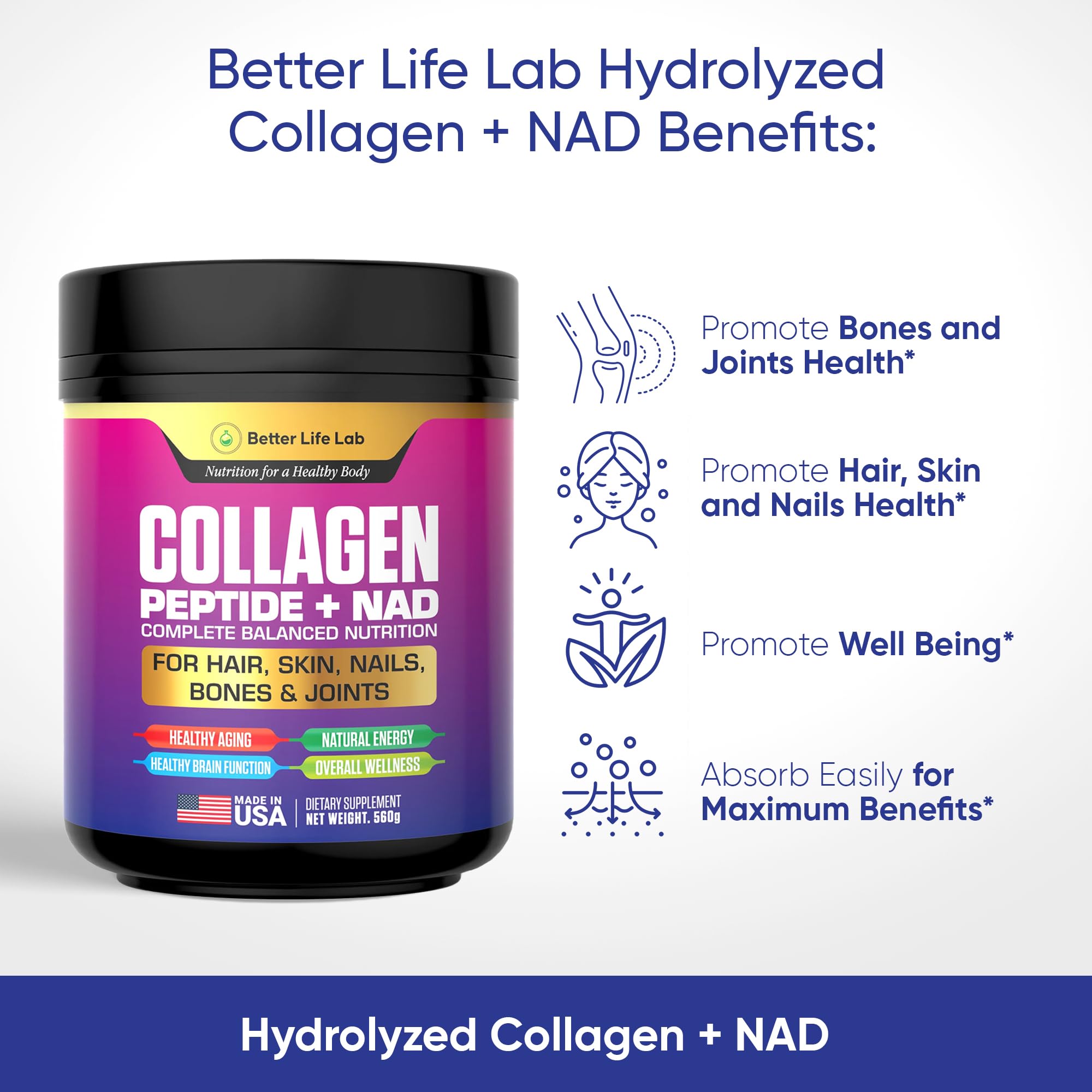 BETTER LIFE LAB collagen NAD powder scoop demonstrates convenient daily serving.