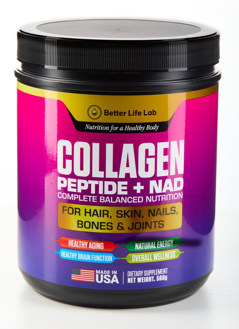 BETTER LIFE LAB hydrolyzed collagen NAD powder tub supports joint and skin wellness.