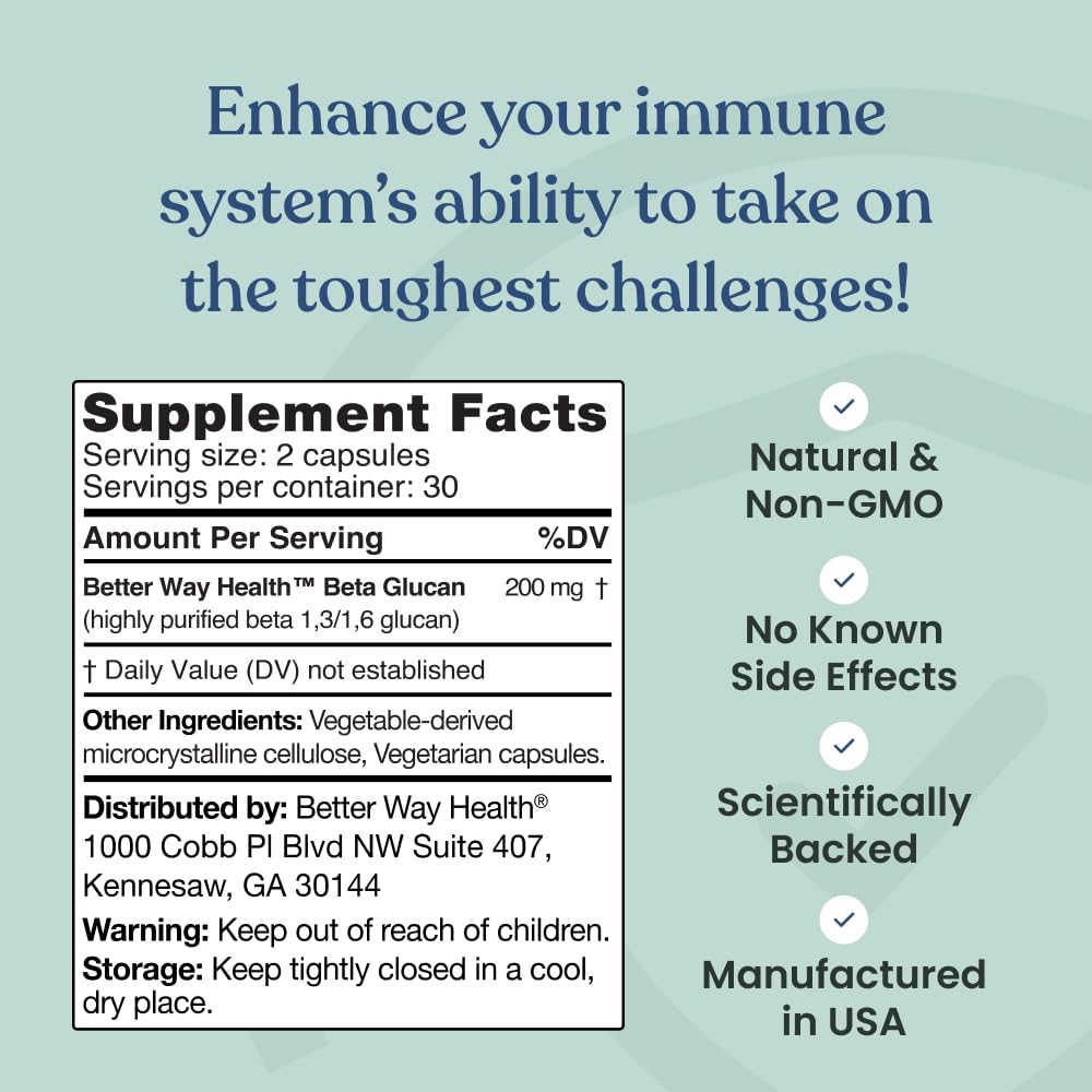 Better Way Health Beta Glucan packaging front conveys trusted, clean supplement for immune readiness.