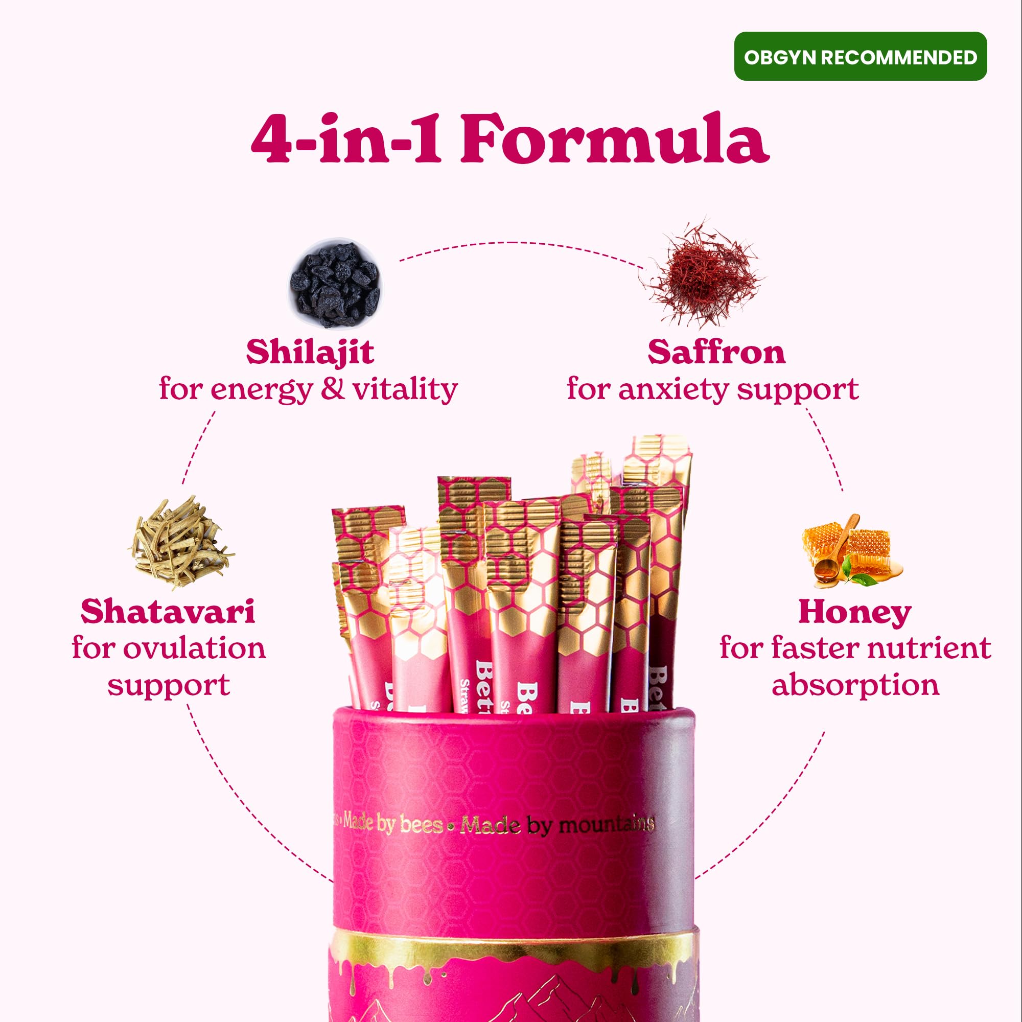 BetterAlt SHE-Lajit Strawberry Honeysticks honey texture reveals natural sweetness with Shilajit.
