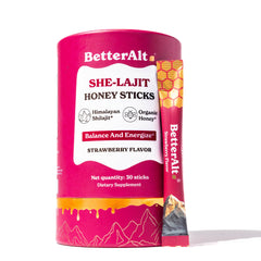 BetterAlt SHE-Lajit Strawberry Honeysticks packaging shows convenient, travel-ready wellness.