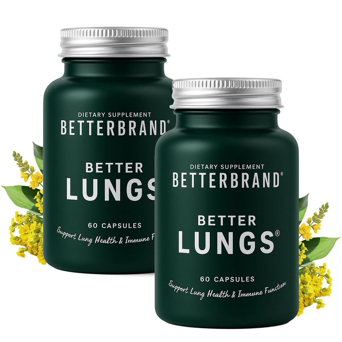 Betterbrand BetterLungs bottle close-up highlighting NAC and mullein for daily respiratory support.