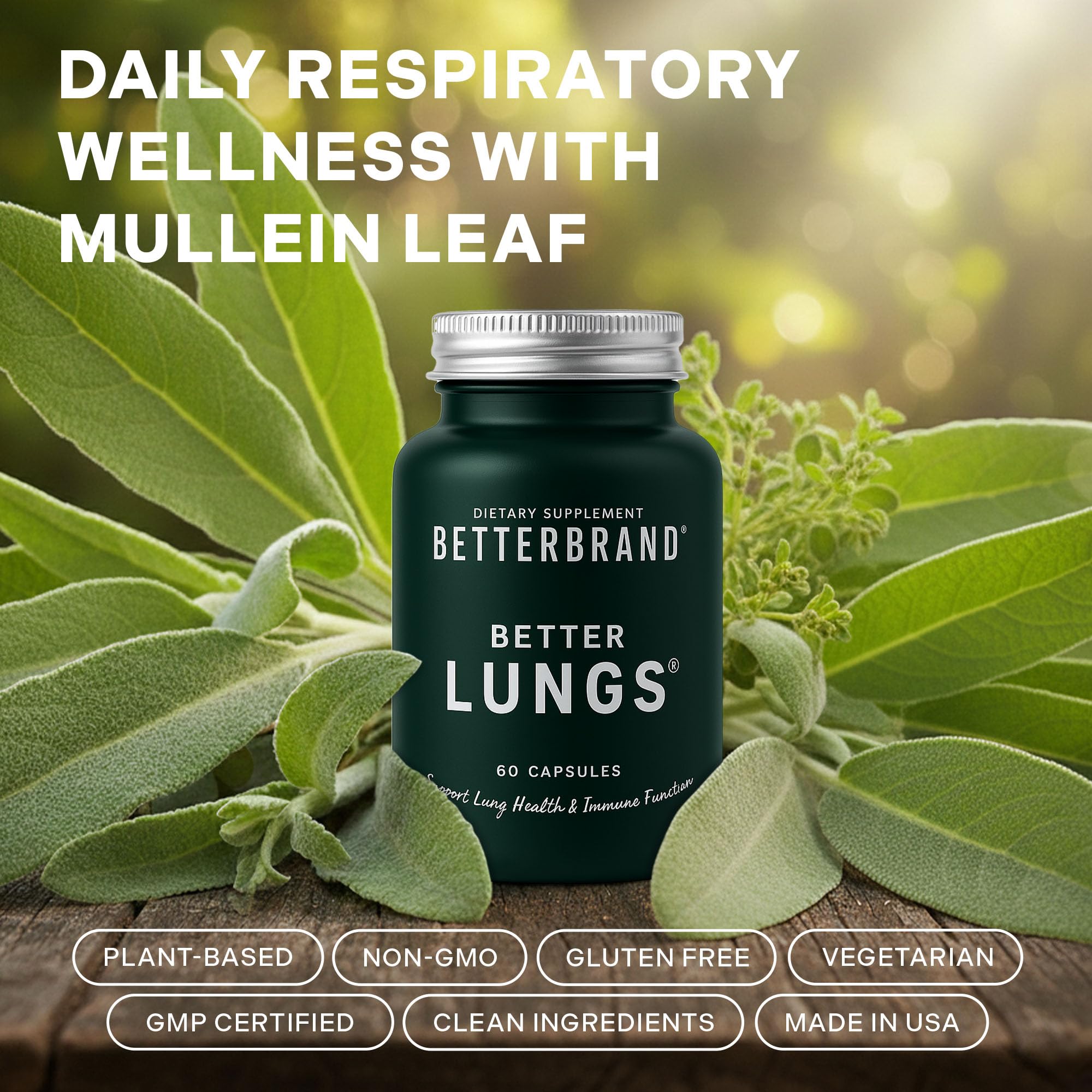 Betterbrand BetterLungs bottle pour showing easy capsule intake for ongoing lung wellness.