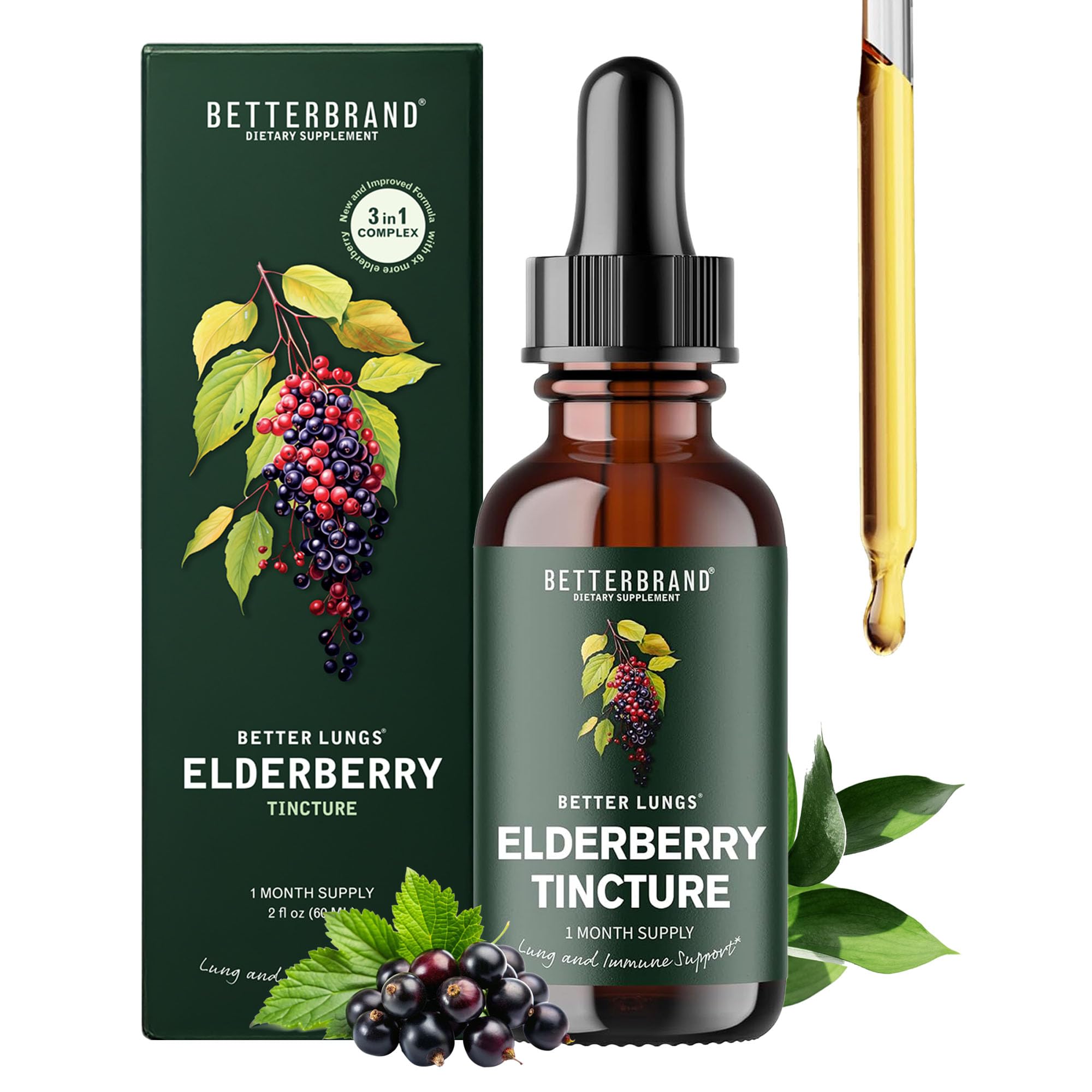 Betterbrand BetterLungs Elderberry Tincture bottle on shelf promoting immune support.