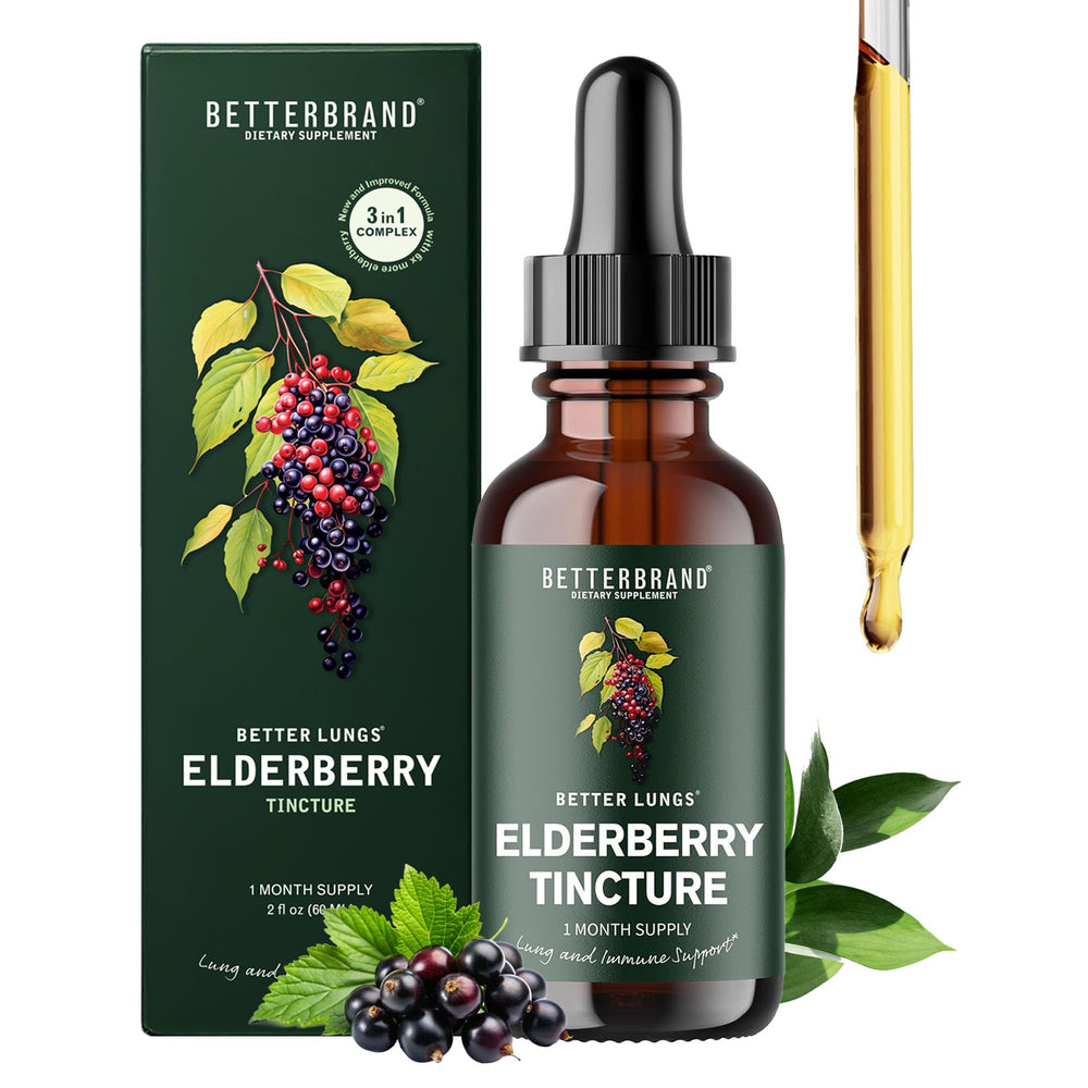 Betterbrand BetterLungs Elderberry Tincture bottle on shelf promoting immune support.