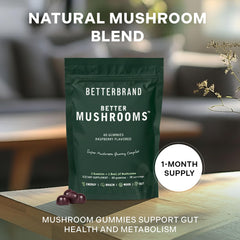 BetterMushrooms ingredient blend label highlights ten mushrooms for immune health.