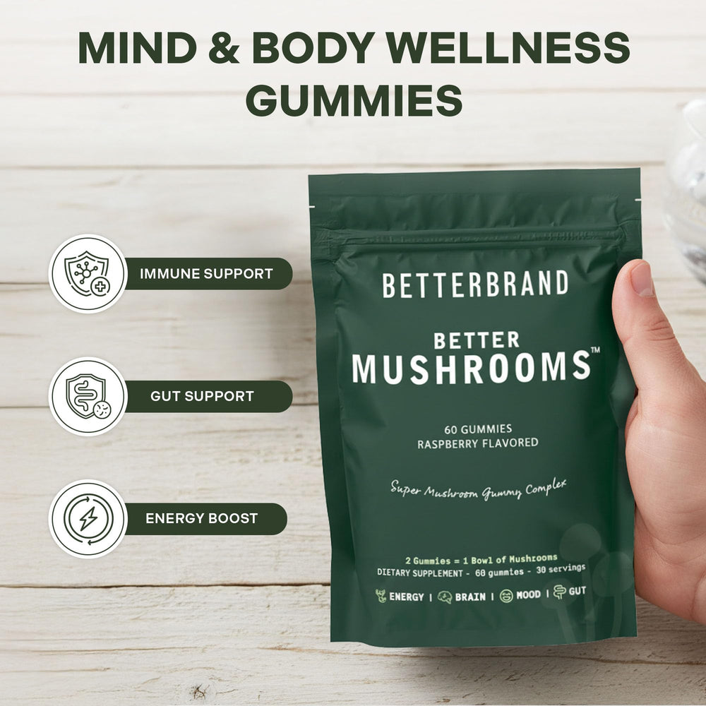 Betterbrand BetterMushrooms raspberry gummies texture and color.