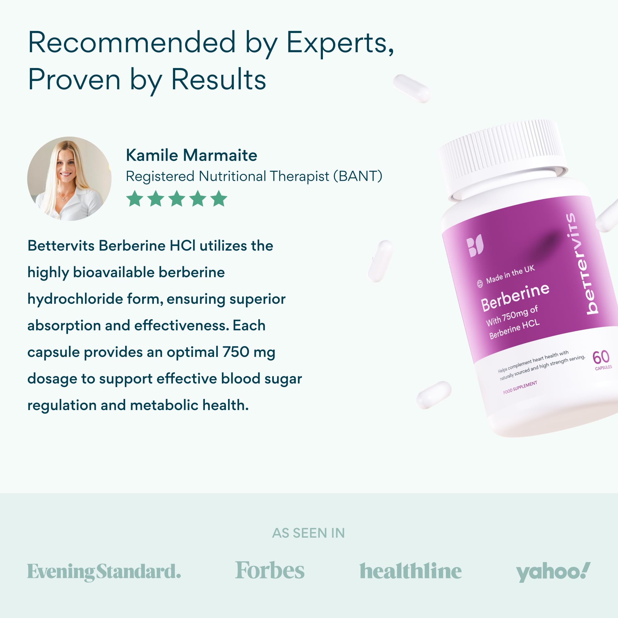 Bettervits Berberine capsules beside leafy herbs signaling plant-based origin.