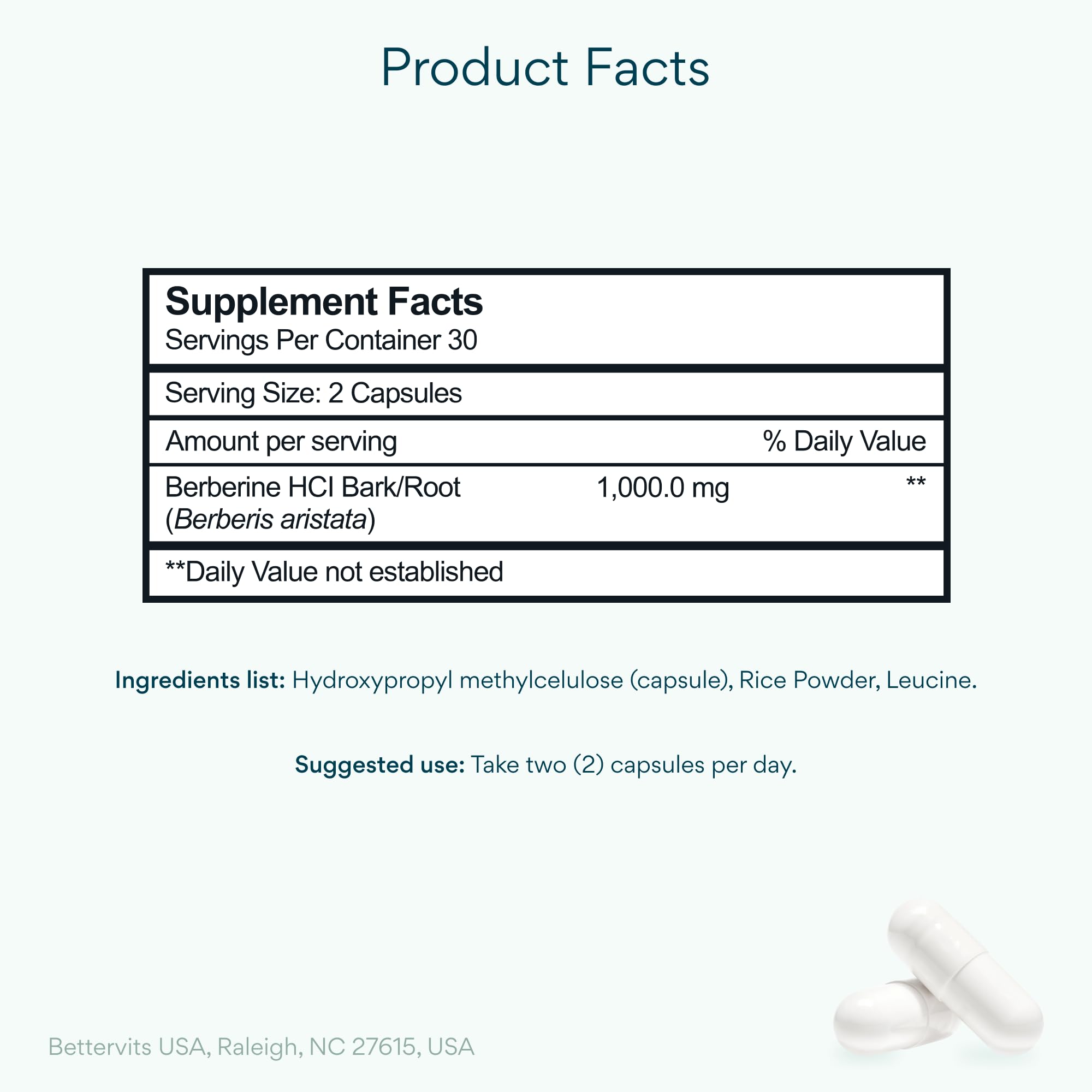 Bettervits Berberine HCL label close-up highlights 500mg per serving for easy dosing.
