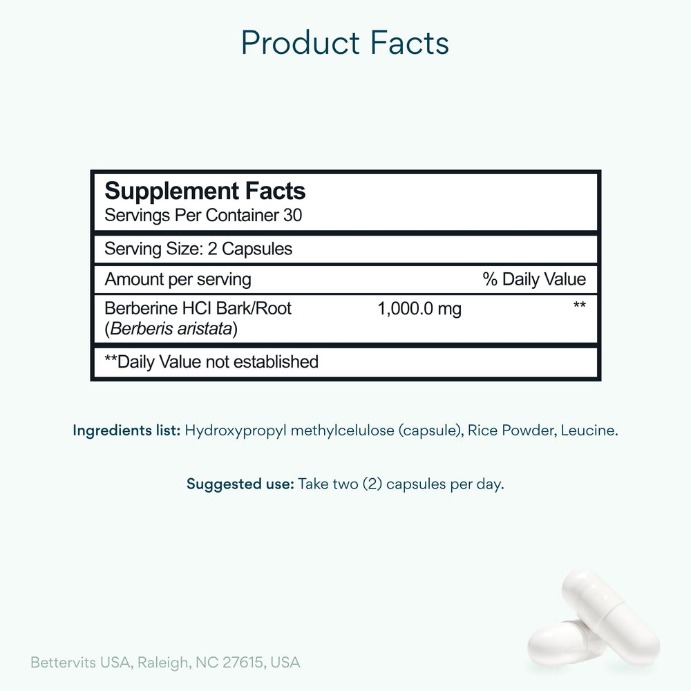Bettervits Berberine HCL label close-up highlights 500mg per serving for easy dosing.
