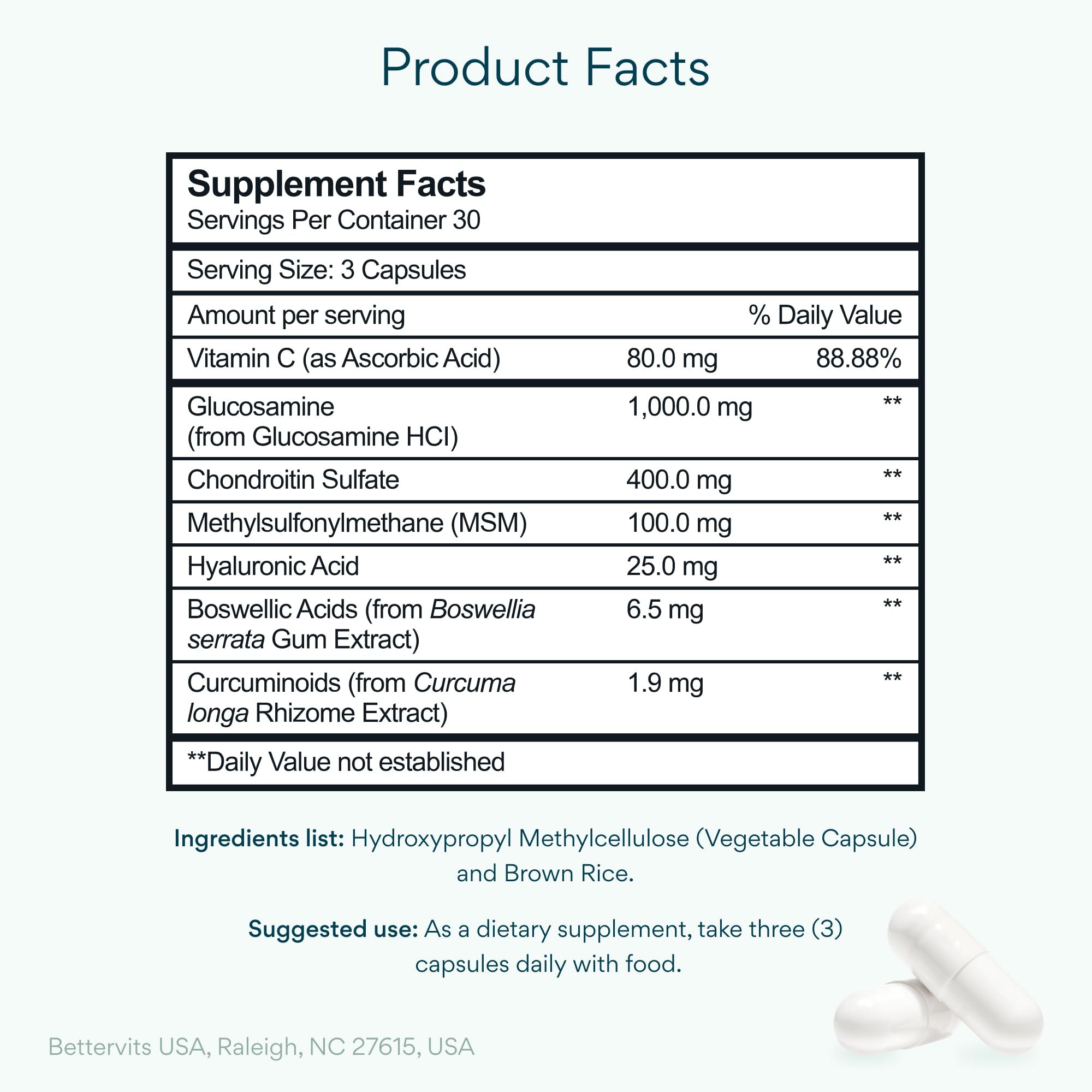 Close-up of turmeric and MSM on Bettervits label for mobility support.