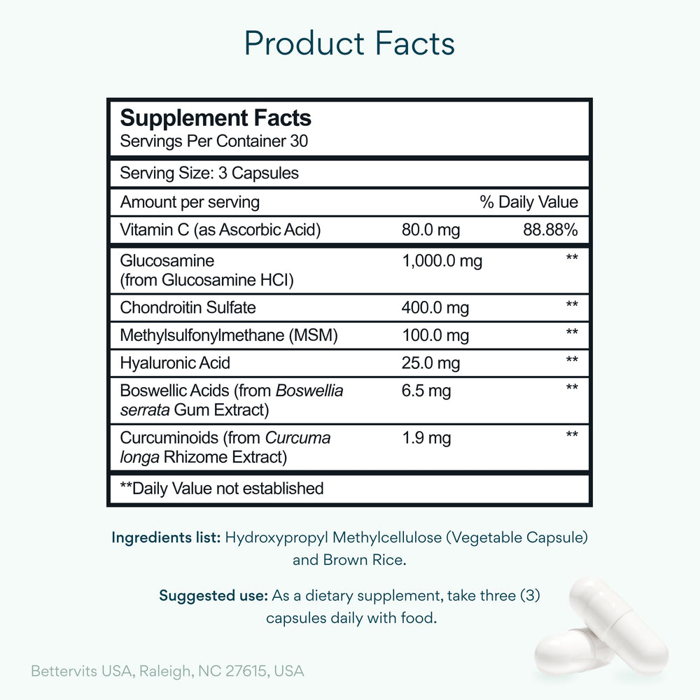 Close-up of turmeric and MSM on Bettervits label for mobility support.