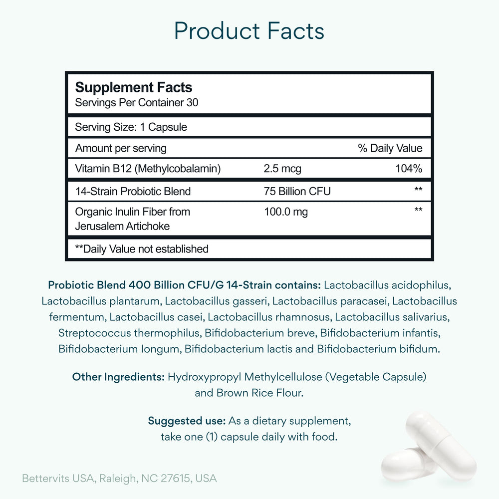 Bettervits Probiotics capsules close-up for easy daily intake