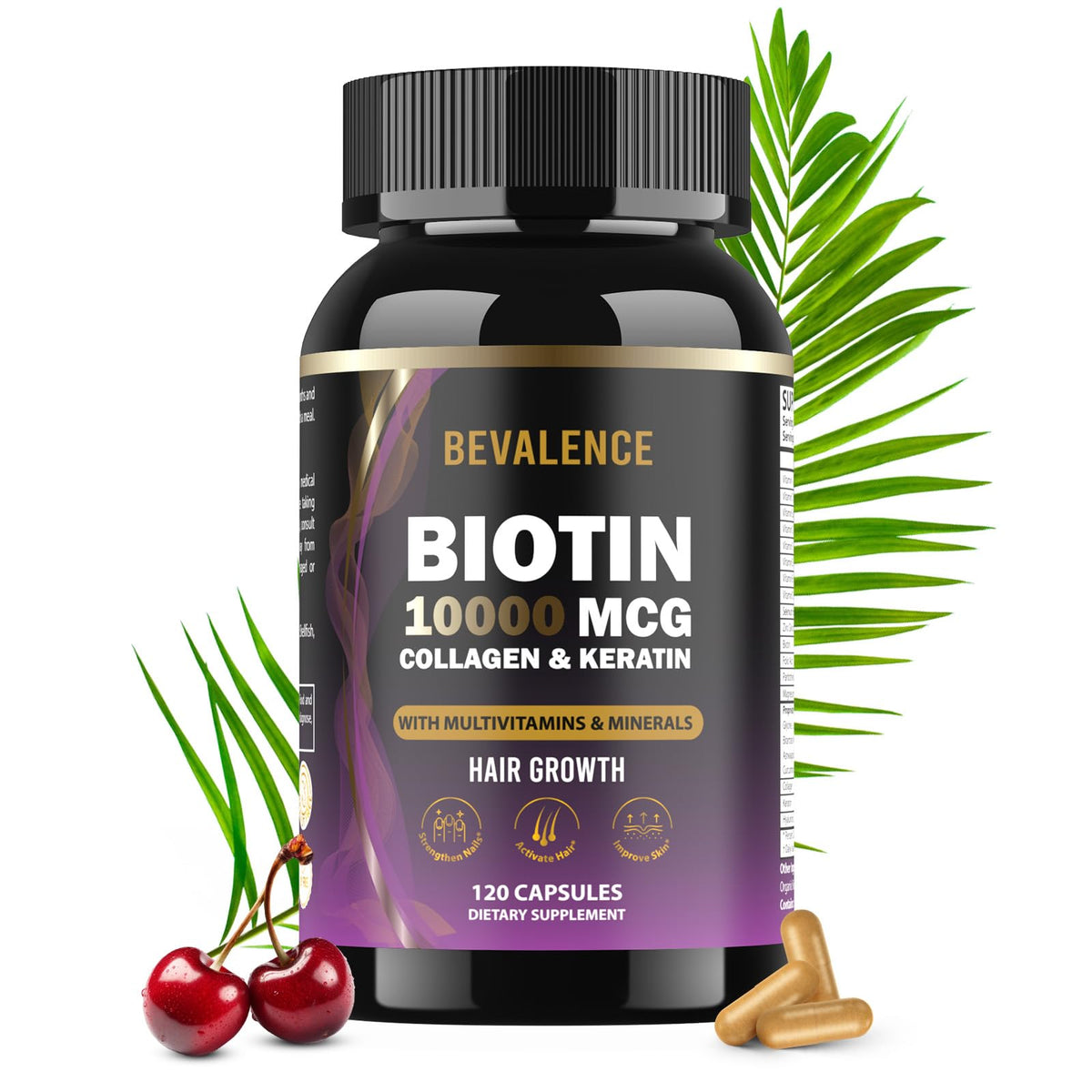 Bevalence Biotin hair-growth bottle promotes daily hair-strength and vitality.