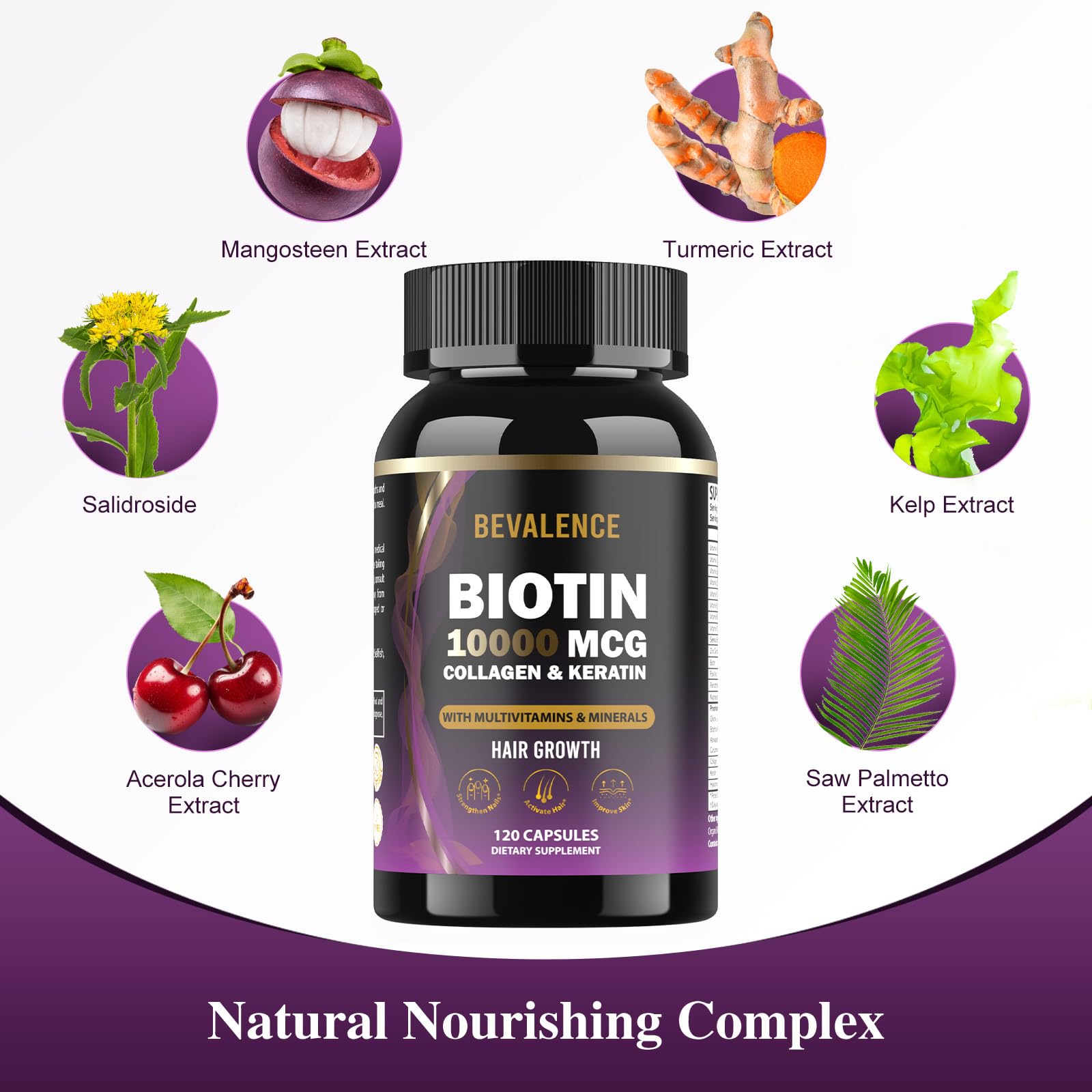 Bevalence Biotin bottle conveys a skin and nails glow concept.