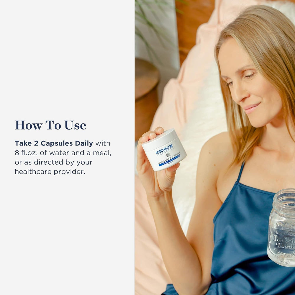Beverly Hills MD Dermal Repair hyaluronic acid pill closeup suggests hydration support.