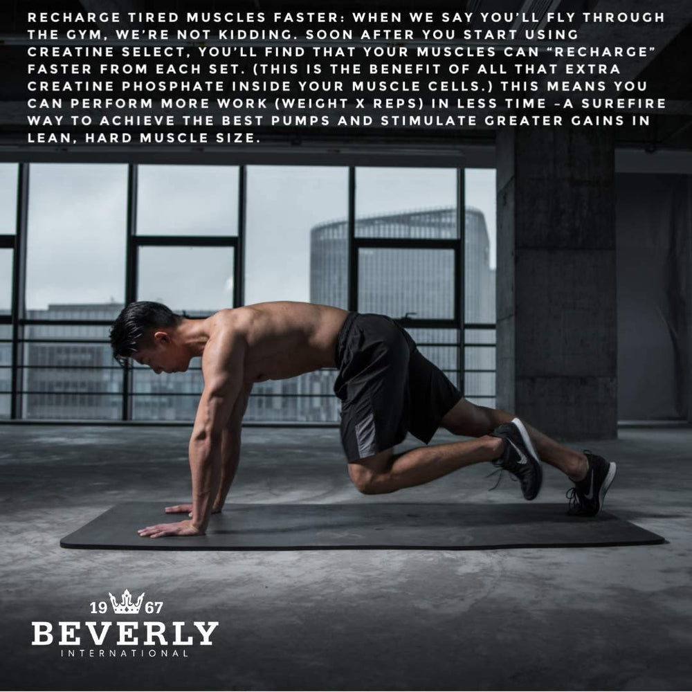 Close-up of Beverly International Creatine Select Phosphates label highlighting quality ingredients.