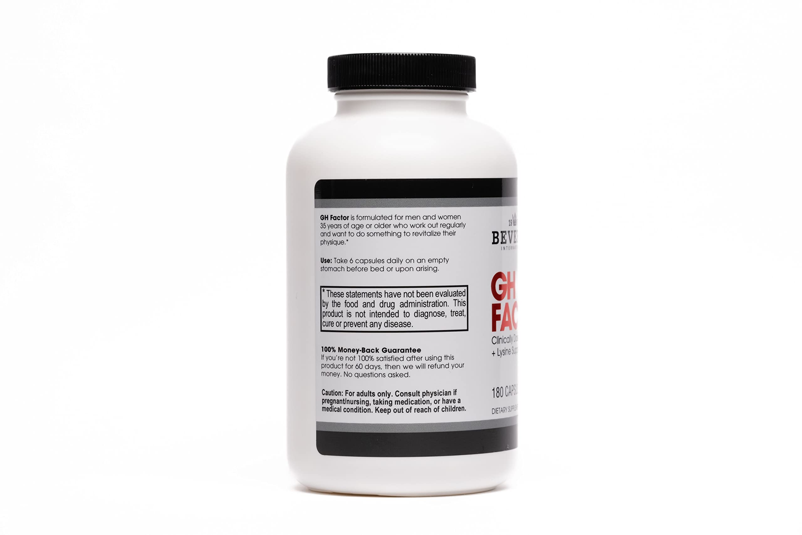 Beverly International GH Factor label close-up showing premium ingredients and dosing.