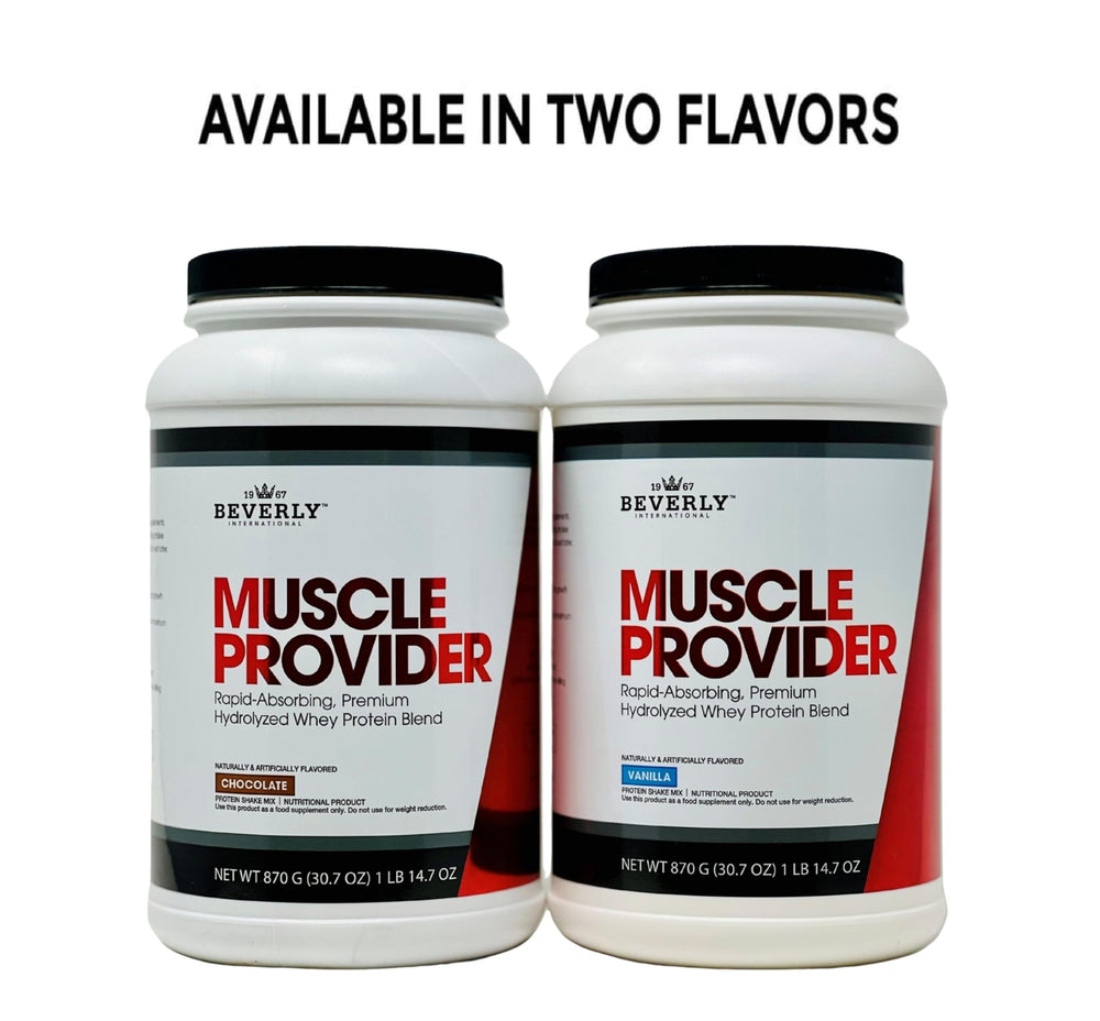 Beverly International Muscle Provider vanilla bottle close-up highlights hydrolysate blend