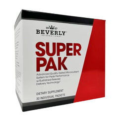 Beverly International Super Pak box front showing high-potency daily multivitamin for athletes.