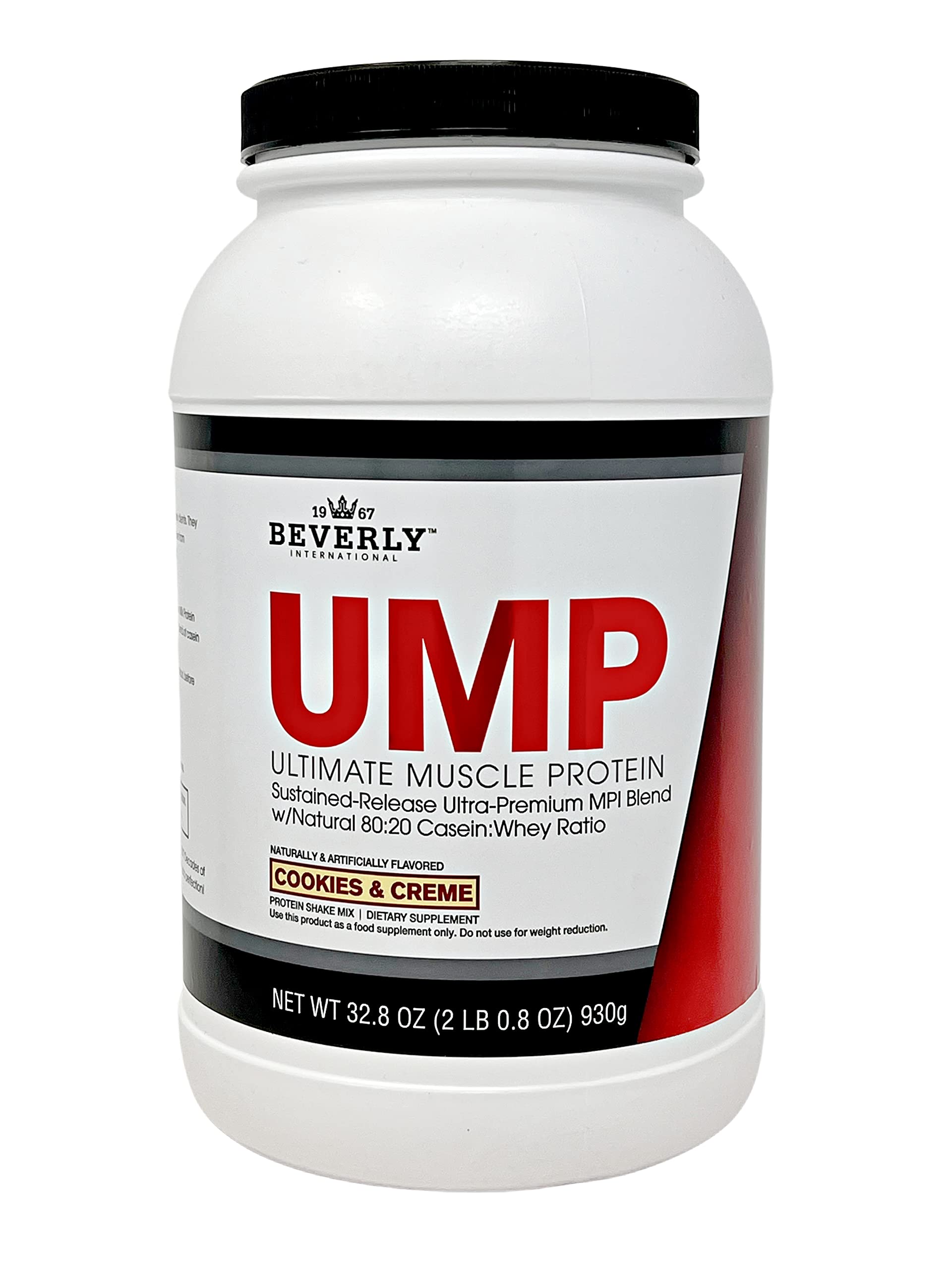 Beverly International UMP Cookies & Cream powder bottle close-up for post-workout lean muscle support.