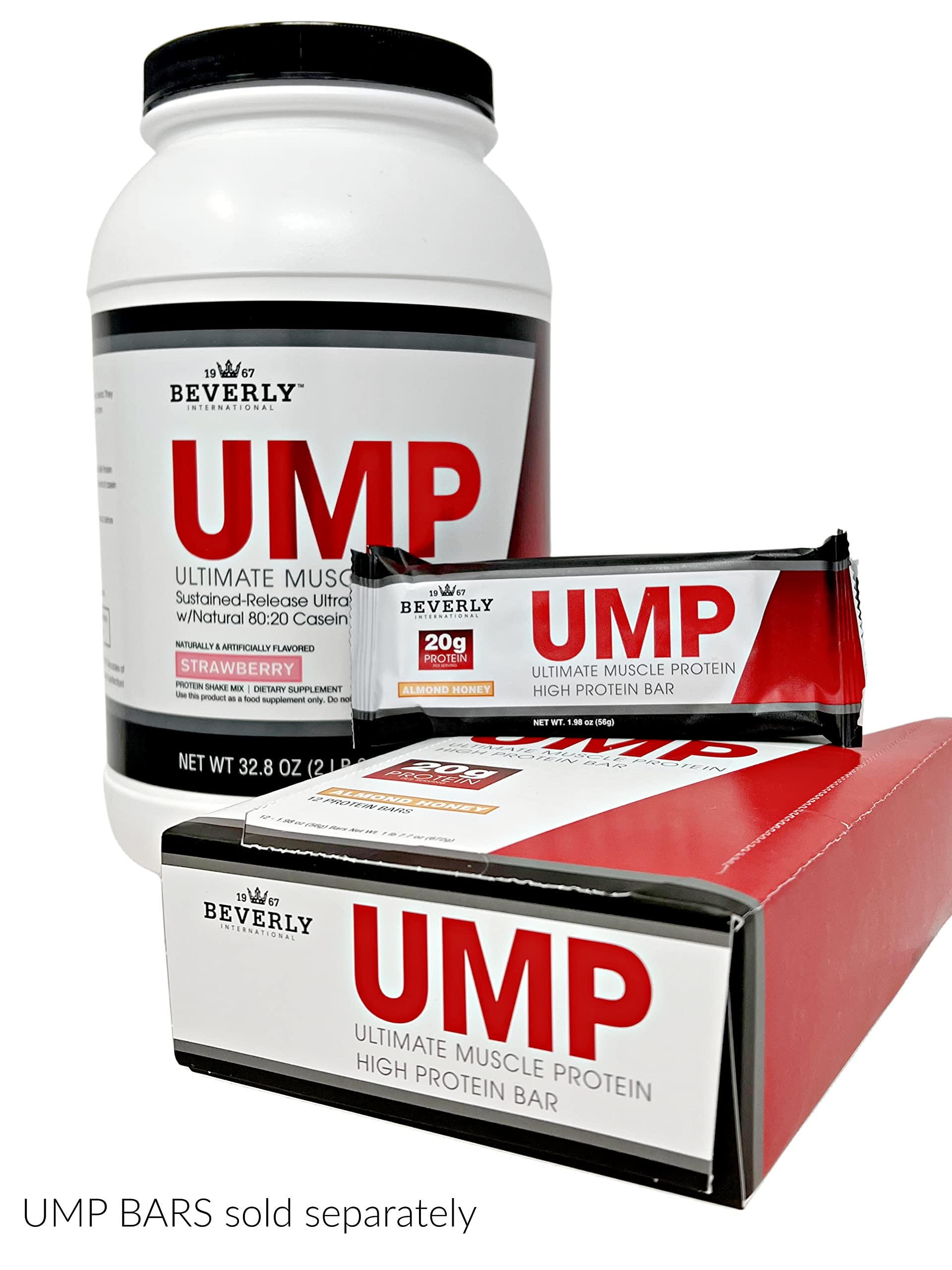 Beverly International UMP Strawberry label close-up showing whey–casein ratio