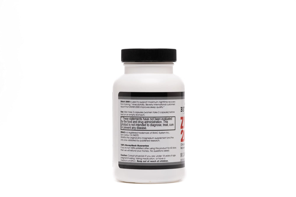 Beverly International ZMA 2000 label close-up shows athlete-focused recovery messaging.