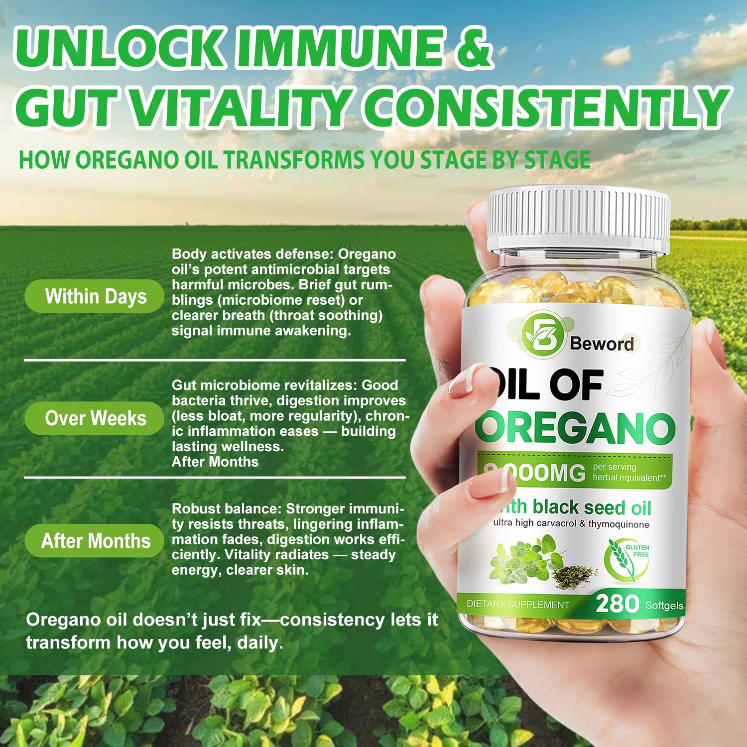 BEWORD graphic illustrating the 2-in-1 oregano and black seed synergy