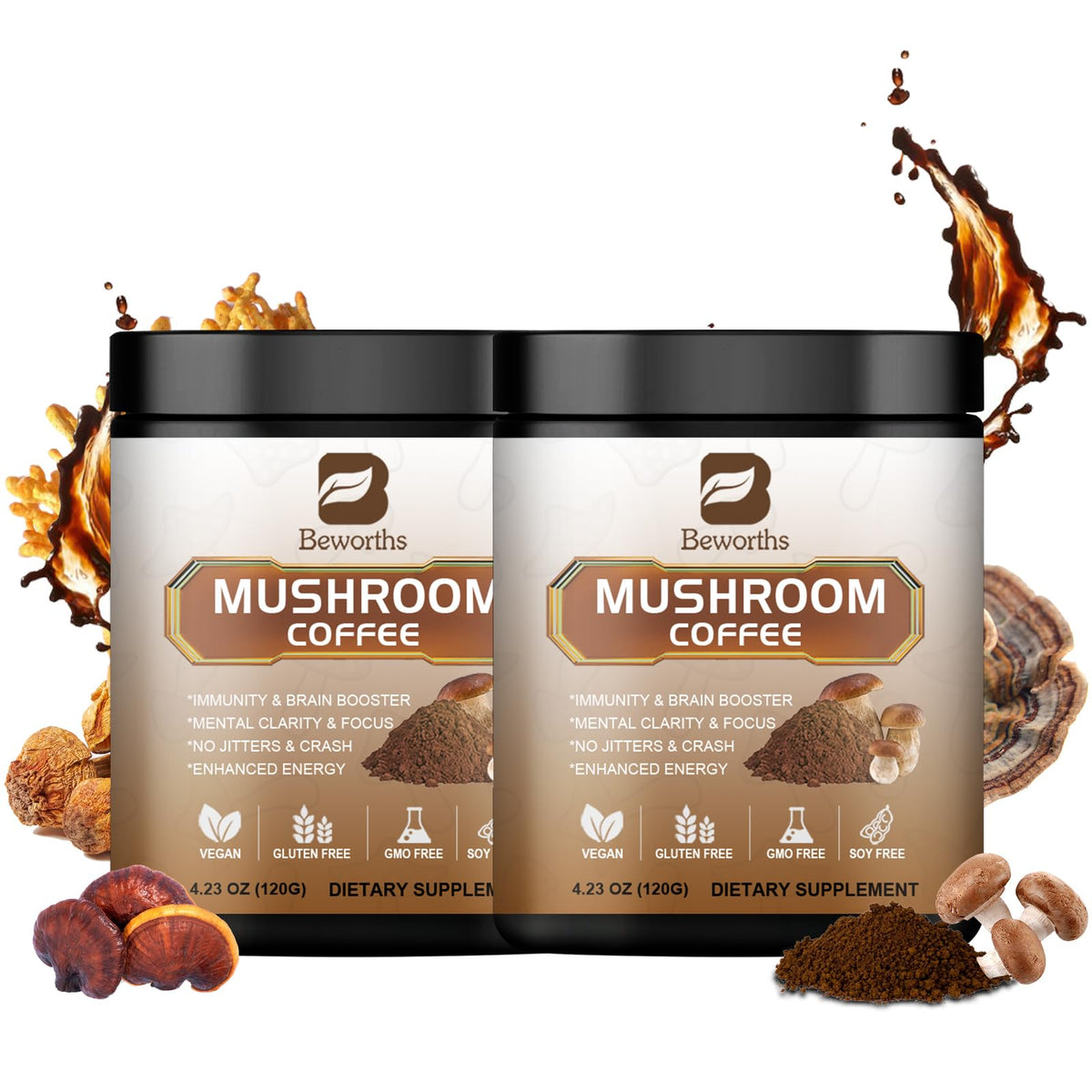 B BEWORTHS 2-pack mushroom coffee packaging shown for easy storage and freshness
