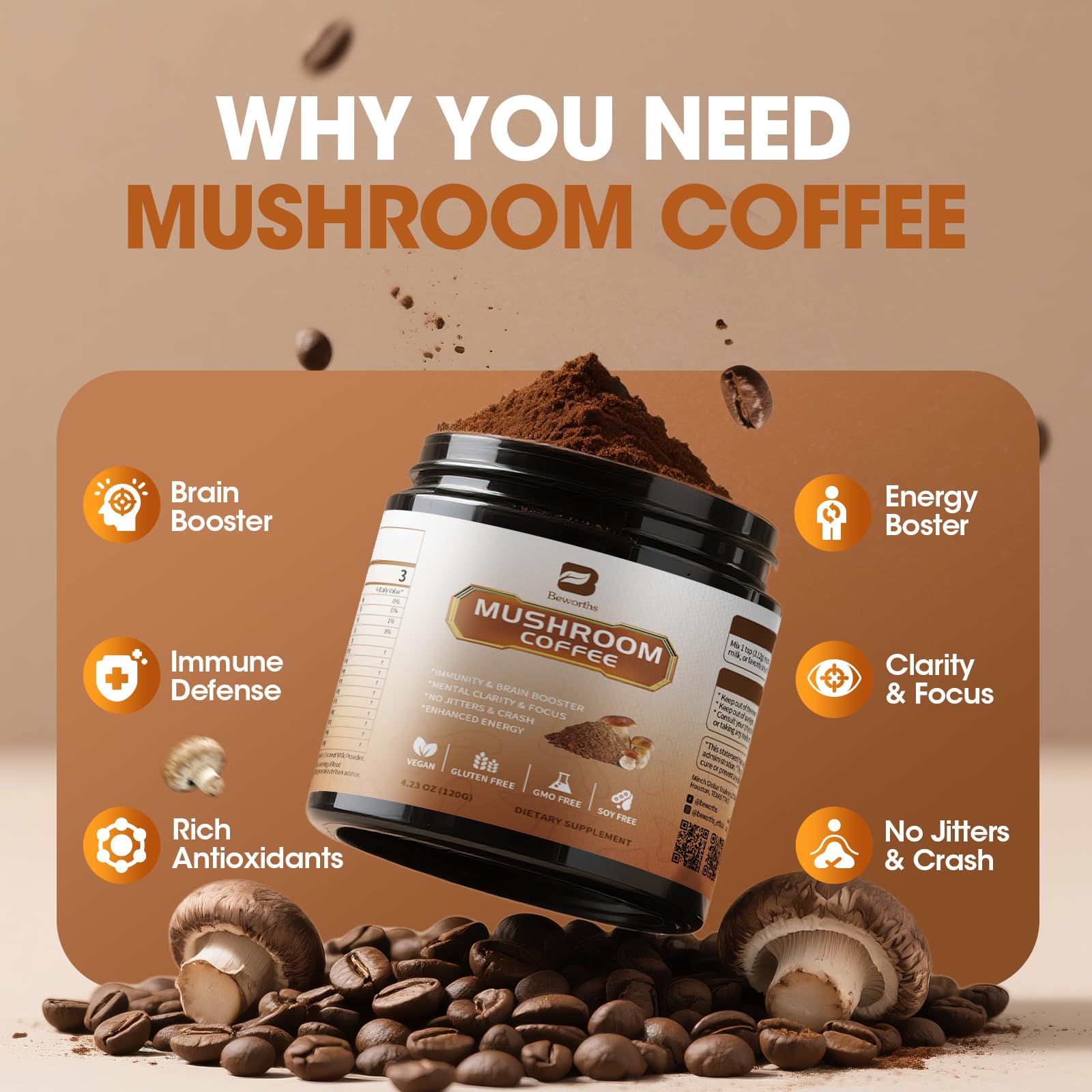 beworths mushroom coffee cup steaming ready for a focused morning