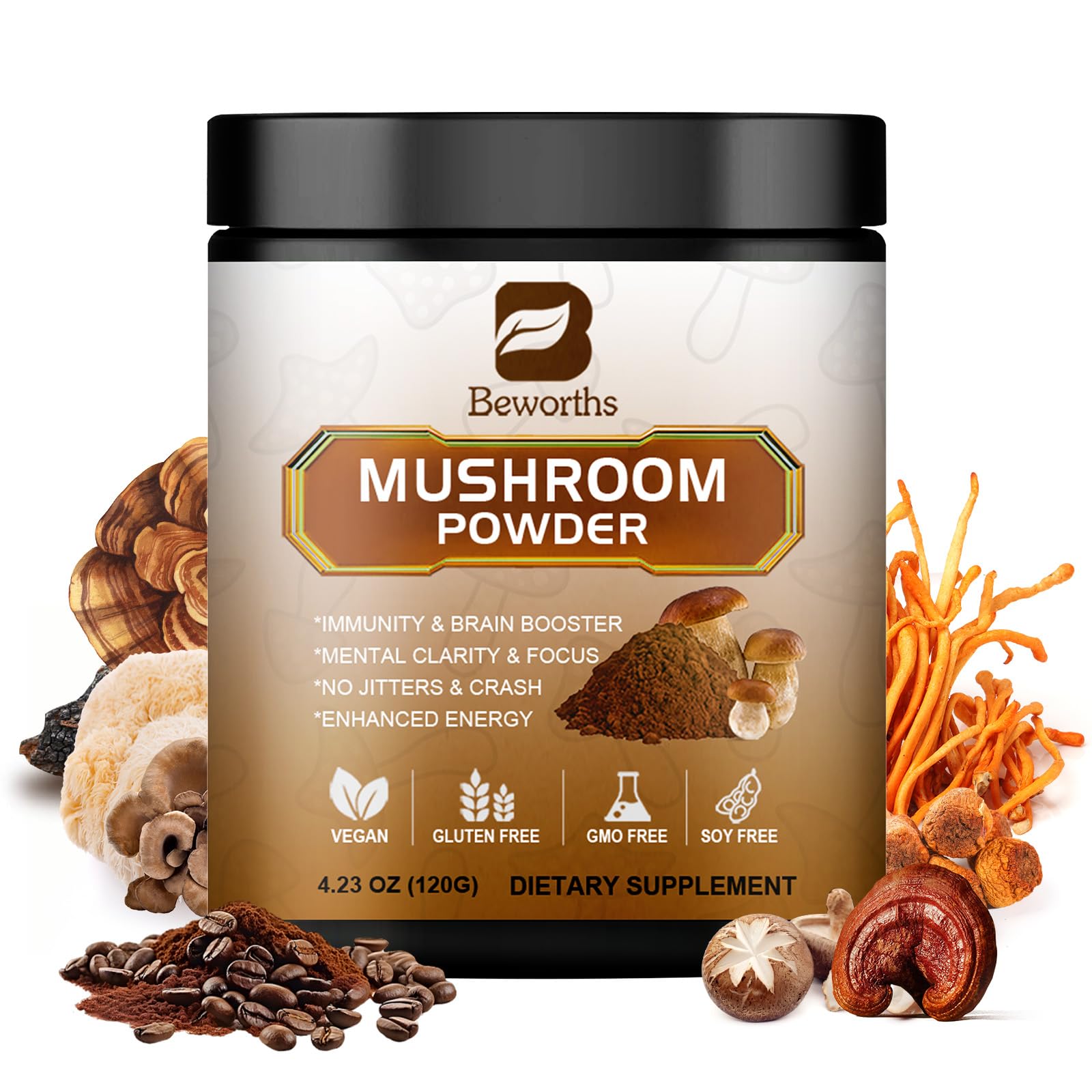 beworths mushroom coffee front package energy-boosting blend