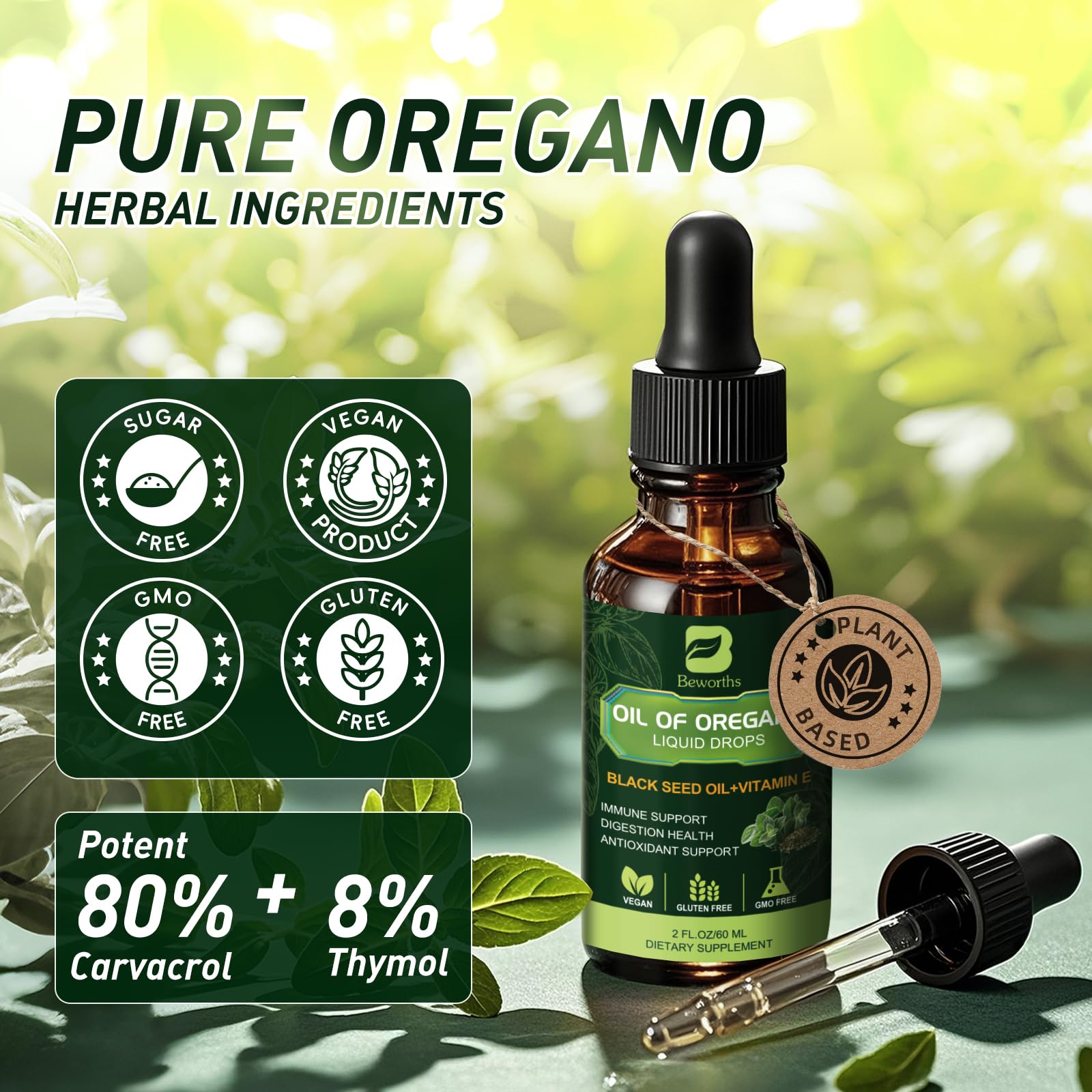 B BEWORTHS oregano oil drops ingredients illustration showing oregano and black seed oil