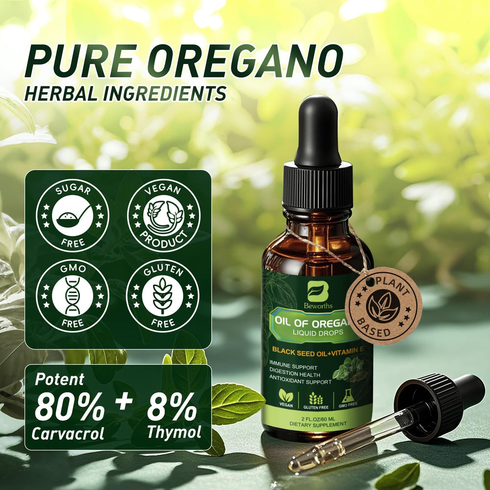 B BEWORTHS oregano oil drops ingredients illustration showing oregano and black seed oil