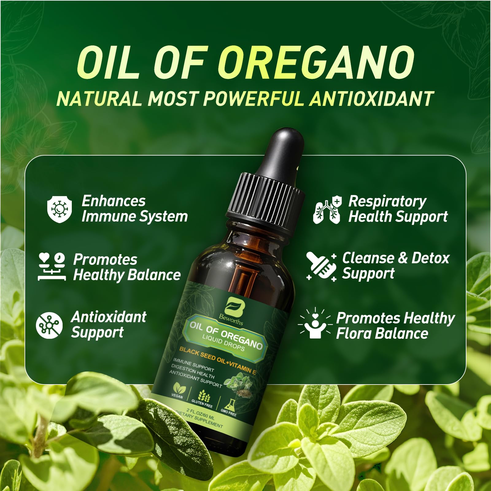 B BEWORTHS Organic Oregano Oil Drops pour showing elixir ready for immune support