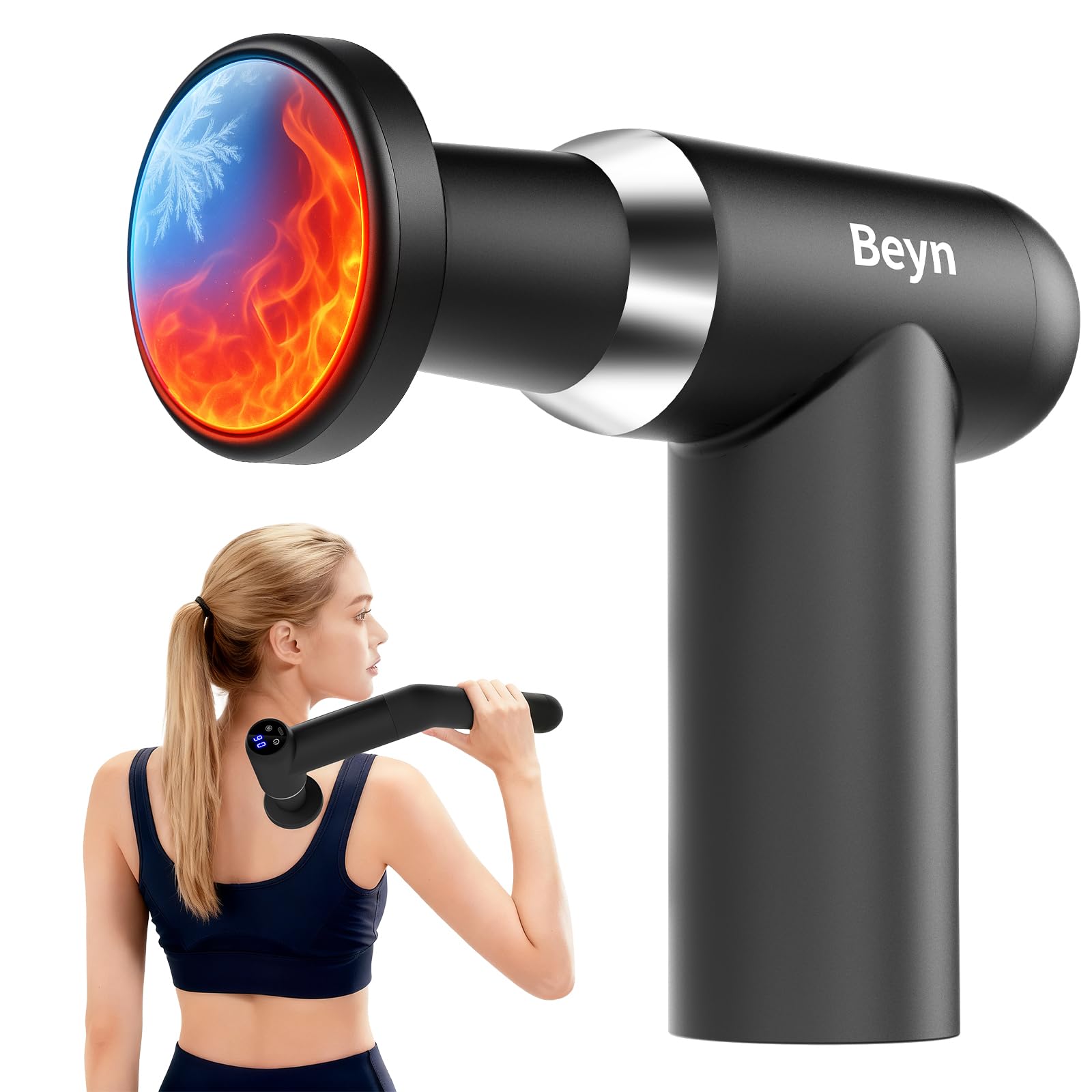 Beyn hot and cold fascia gun extended handle for easy reach during massages