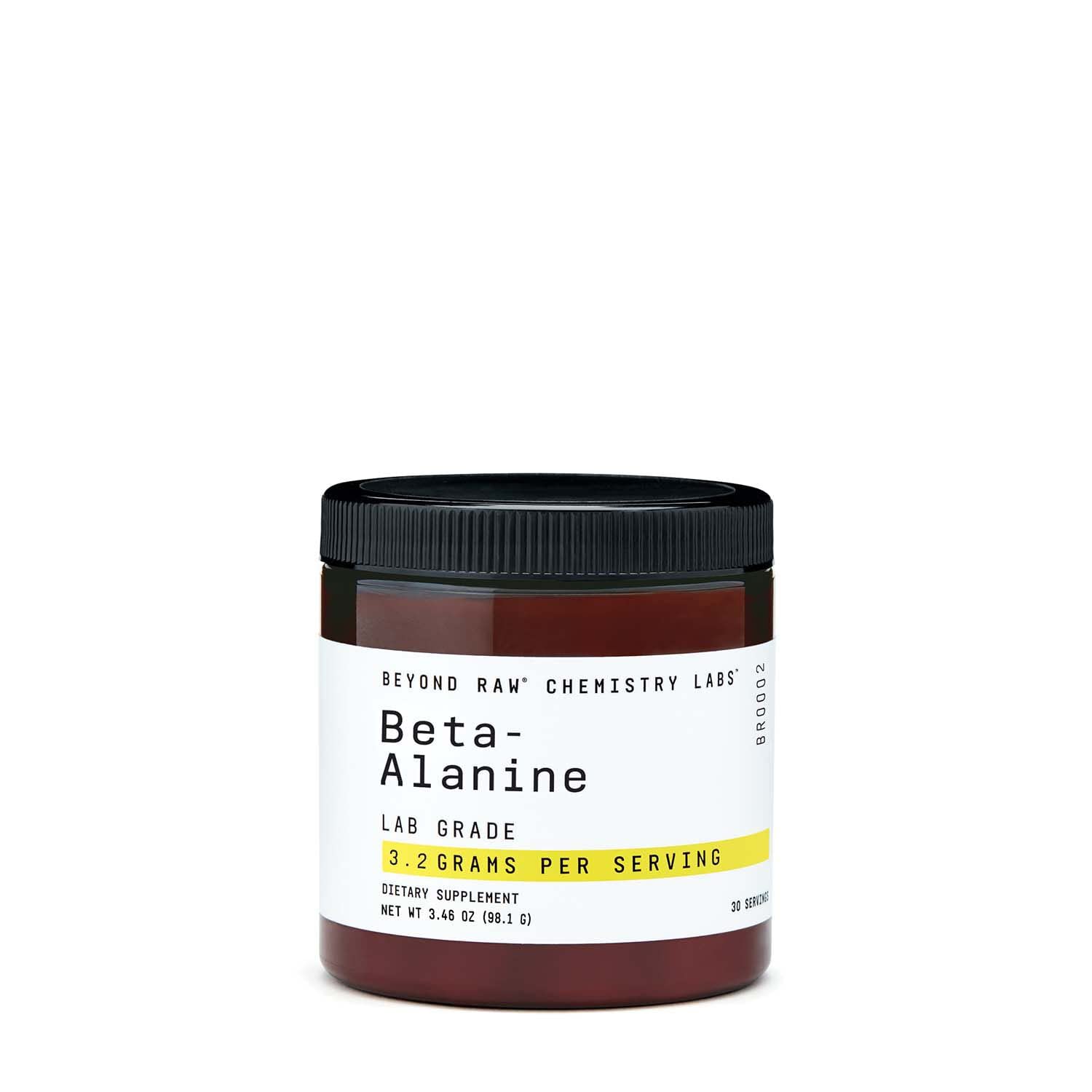 Beyond Raw Chemistry Labs beta-alanine powder jar highlighting a lab-grade formula for training sessions.