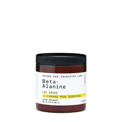 Beyond Raw Chemistry Labs beta-alanine powder jar highlighting a lab-grade formula for training sessions.