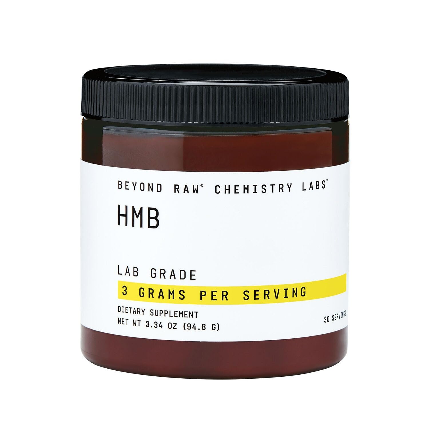 Beyond Raw Chemistry Labs HMB powder bottle for daily workout supplementation.