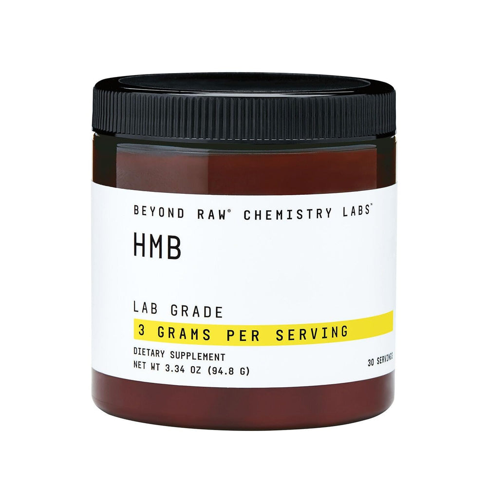 Beyond Raw Chemistry Labs HMB powder bottle for daily workout supplementation.