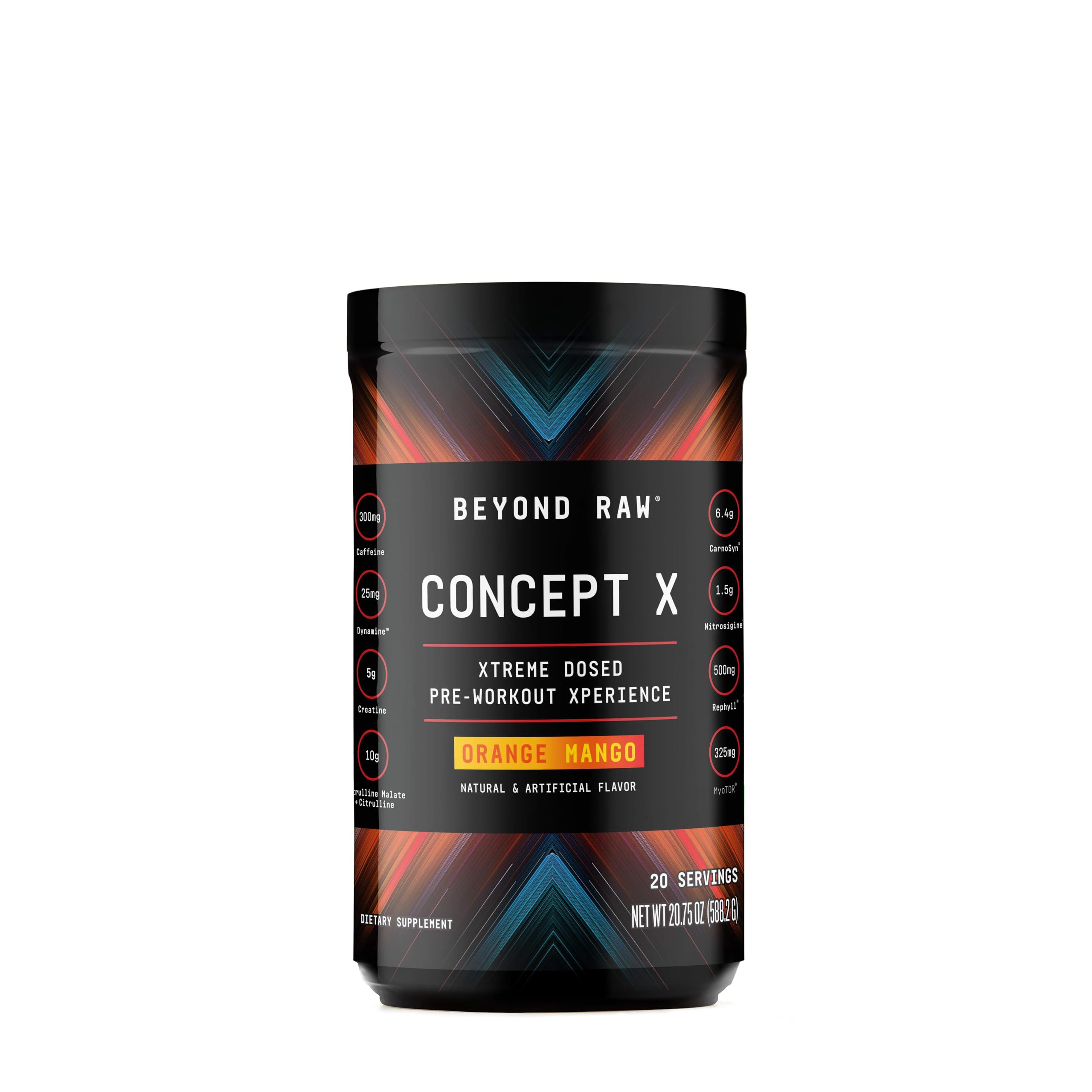Beyond Raw Concept X orange mango canister ready for high‑energy workouts