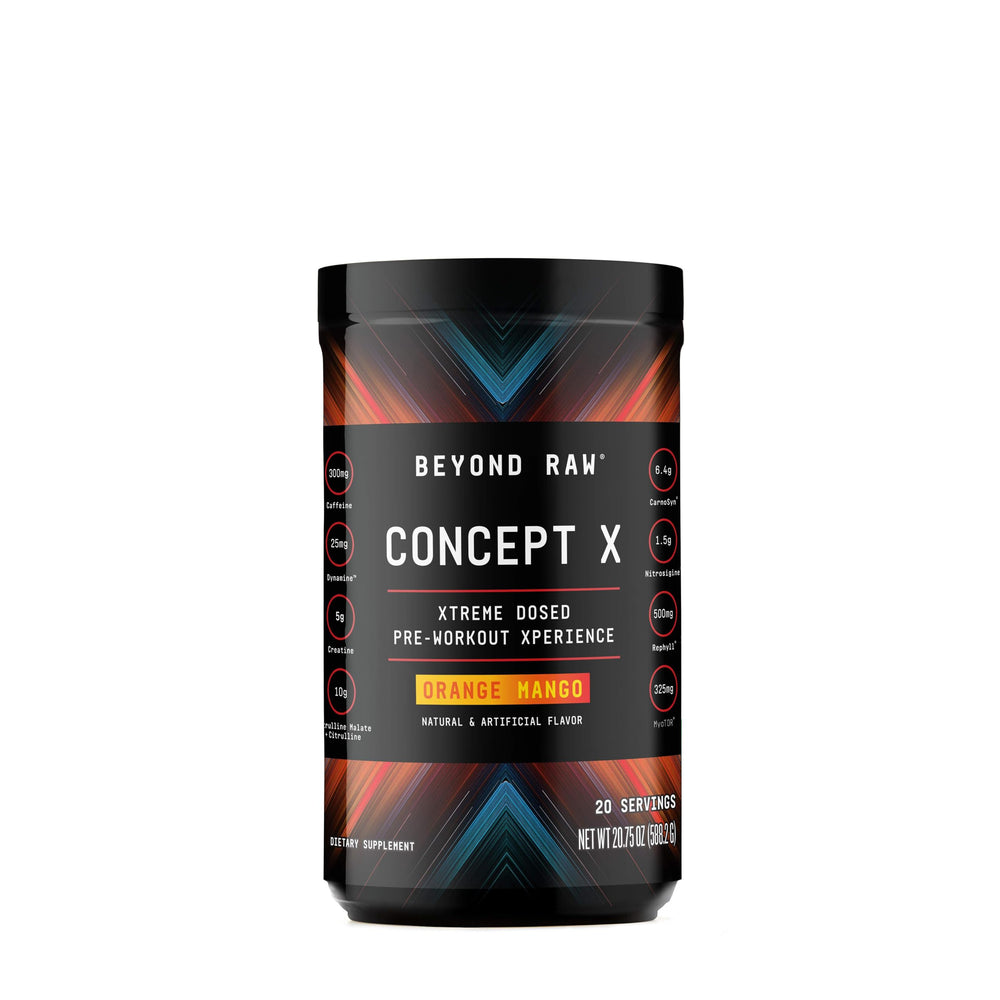 Beyond Raw Concept X orange mango canister ready for high‑energy workouts